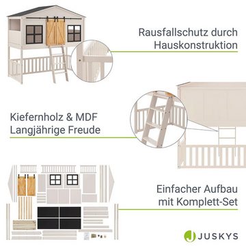 Juskys Kinderbett Farmhaus, 90x200 cm, Hochbett im Farmhaus-Stil, Holz, Hausbett mit Treppe