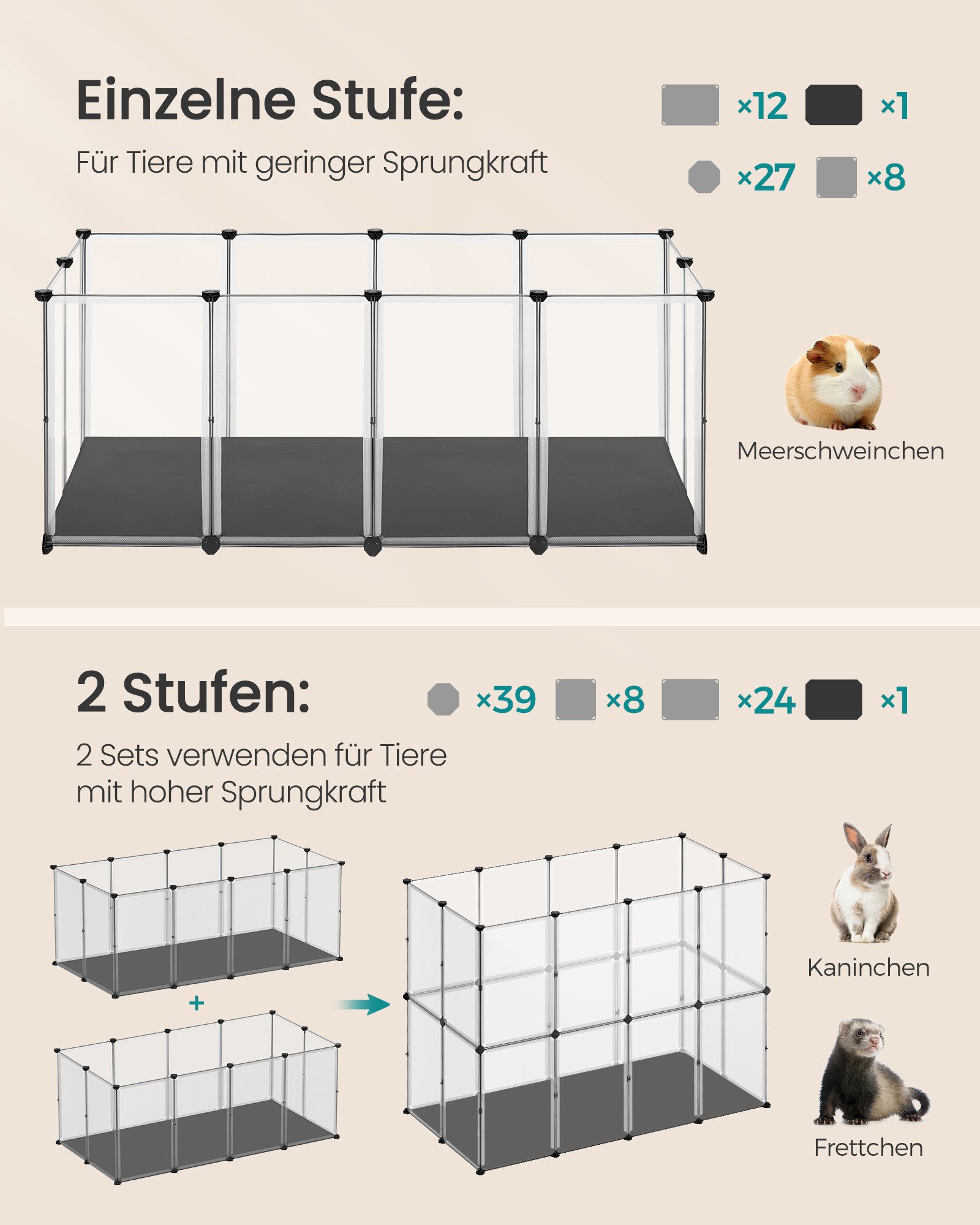 SONGMICS Kleintierkäfig, mit Bodenplatten, Laufstall mit wasserfeste Unterlage