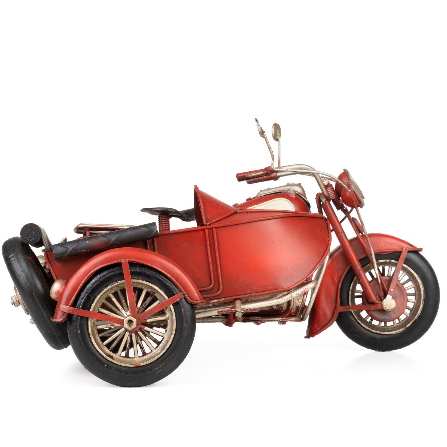 Moritz weiß, Retro Blech-Deko Motorrad mit Blechmodell Miniatur rot Antik-Stil Nachbildung Dekoobjekt Modell Beiwagen Nostalgie
