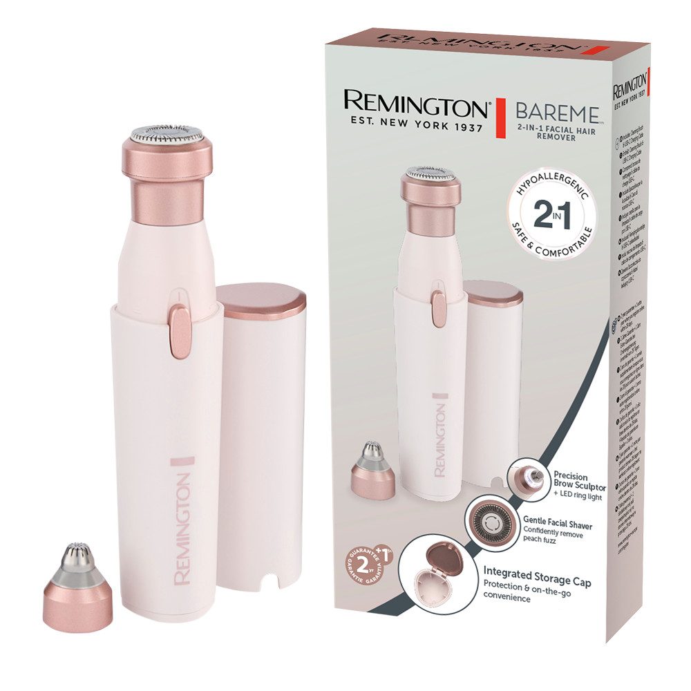 Remington Beauty-Trimmer BareMe2-in-1 Gesichtshaarentferner (WFS200), verschiedene Trimmaufsätze, Präzisions-Augenbrauenformer, elektrisch