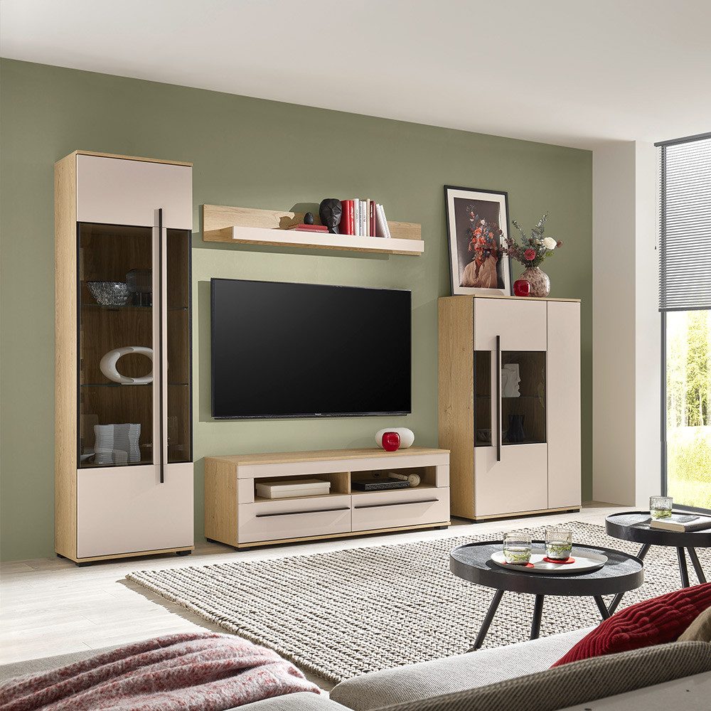 Lomadox Wohnwand COLORADO-61, (4-St., Lowboard Vitrine Highboard Wandregal), Wohnzimmermöbel-Set in Beige mit Eiche
