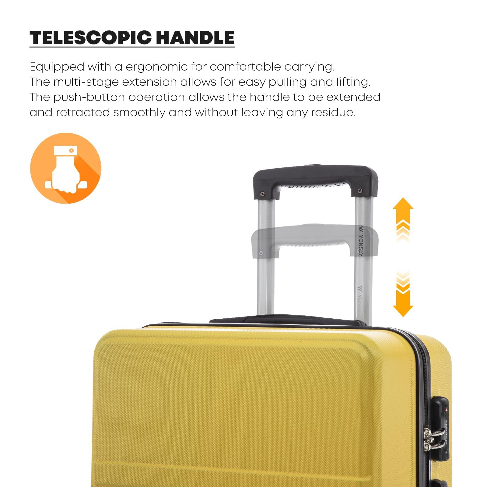 YONSLY Handgepäck-Trolley Premium Reisekoffer Hartschalen-Trolley Rollkoffer ABS in M–XL, 4 Rollen, TSA-Schloss, YKK-Reißverschluss, austauschbare Rollen und Griffe