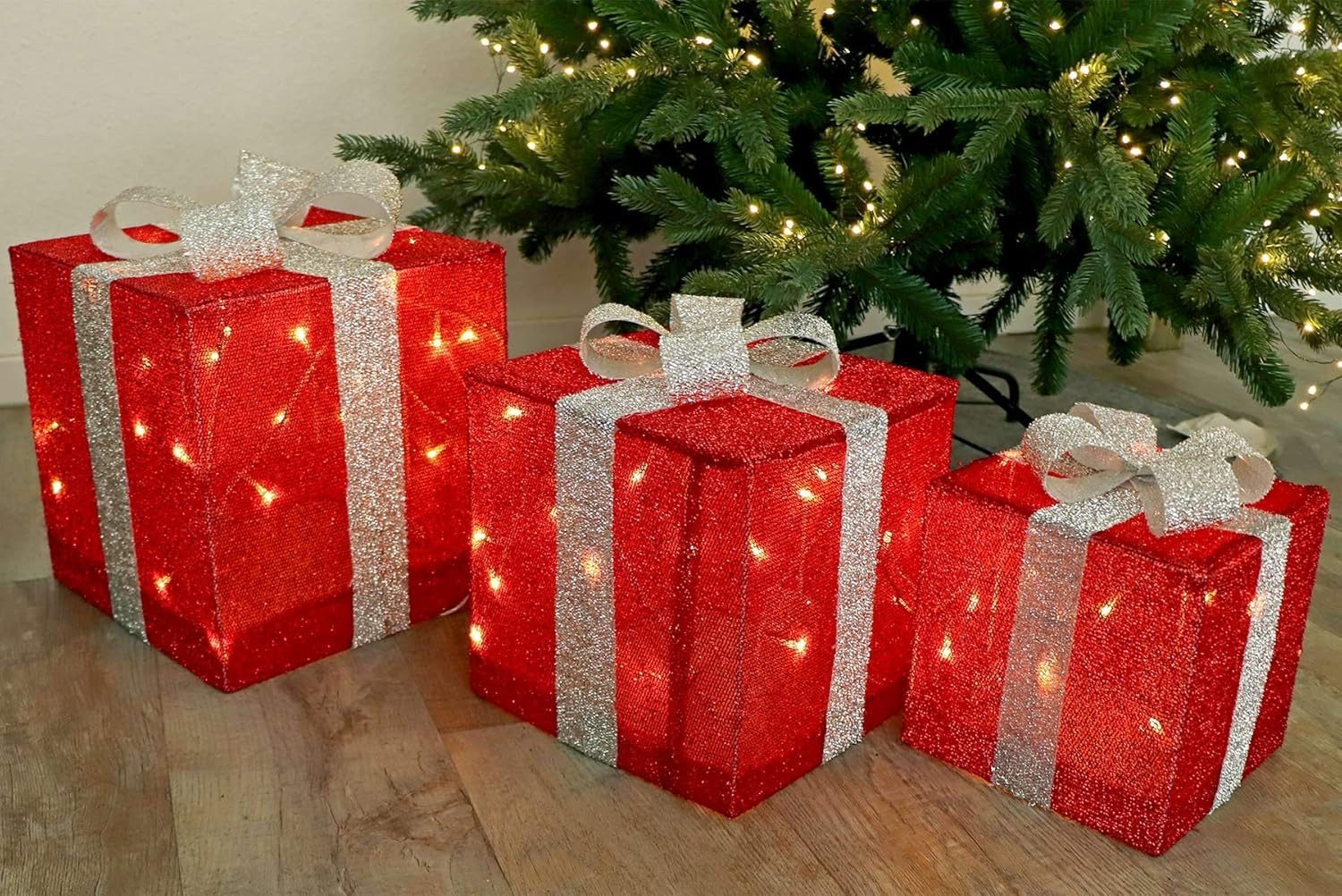 Gartenpirat LED Dekofigur Geschenkboxen mit Schleife 3er-Set Weihnachtsdeko außen innen Timer, Warmweiß/Rot, Timer-und Schalter-Funktion: Schalter mit 3 Funktionen (ON/OFF/TIMER)