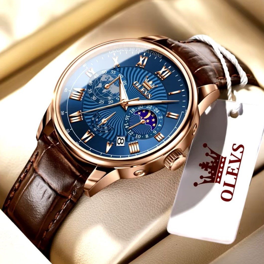 OLEVS Quarzuhr Herren Olevs Chronograph Uhr – Lederarmband, klassisch elegant