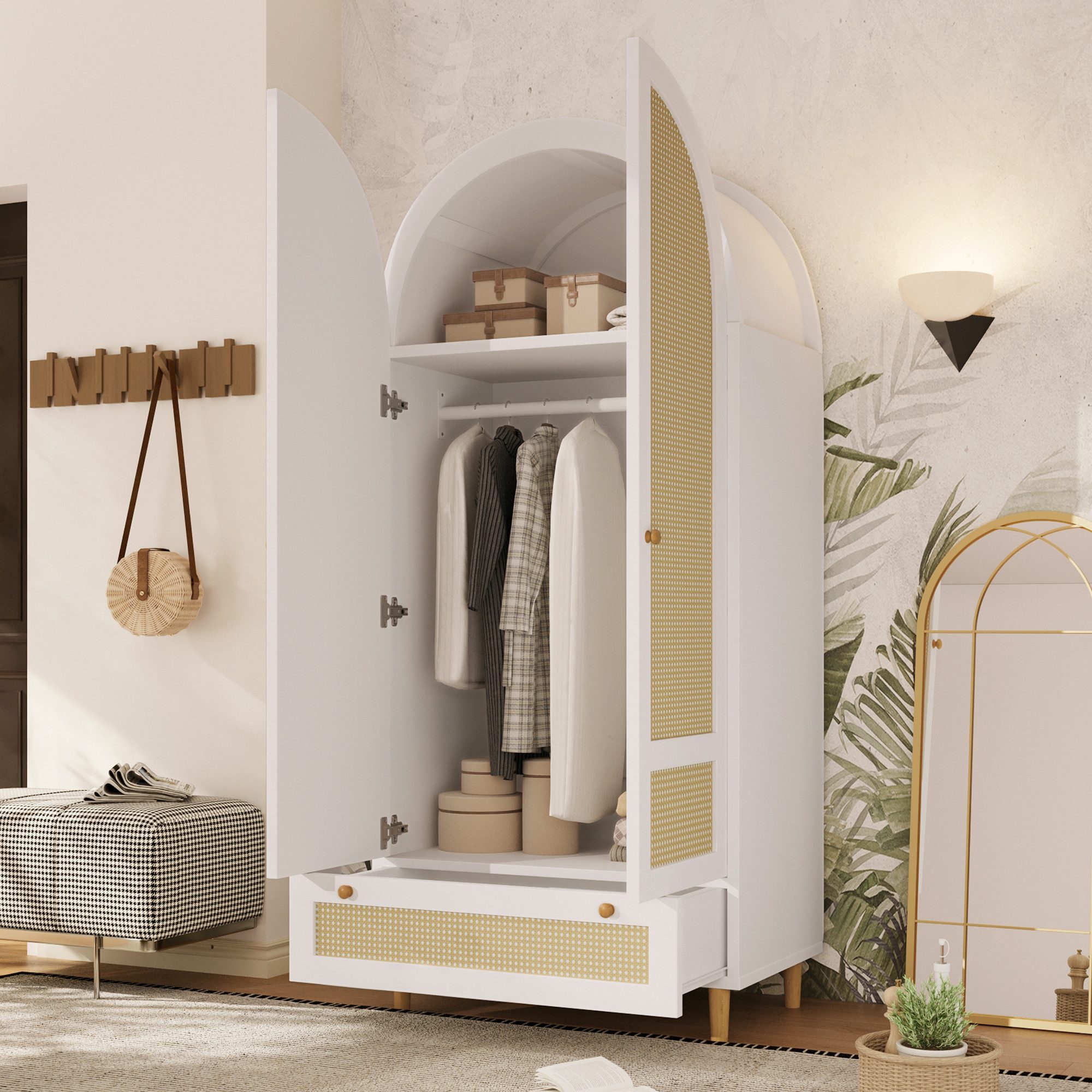 STILVORA Highboard Kleiderschrank mit Schublade Schlafzimmerschrank in Rattan-Optik (Multifunktionsschrank mit Rattan-Front und Stauraum, Rattan-Geflecht, Massivholzgriffe, Bodenfreiheit, Schrankraum), Für Wohnzimmer, Küche, Flur, Schlafzimmer