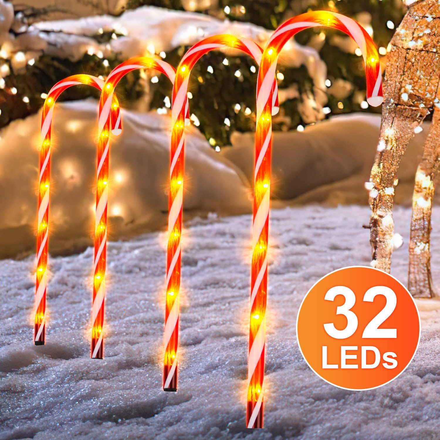 Clanmacy LED-Lichterkette Zuckerstangen LED Beleuchtung Leuchtstab mit Erdspieß Außen 4 teilig, Wasserdichter Batteriekasten