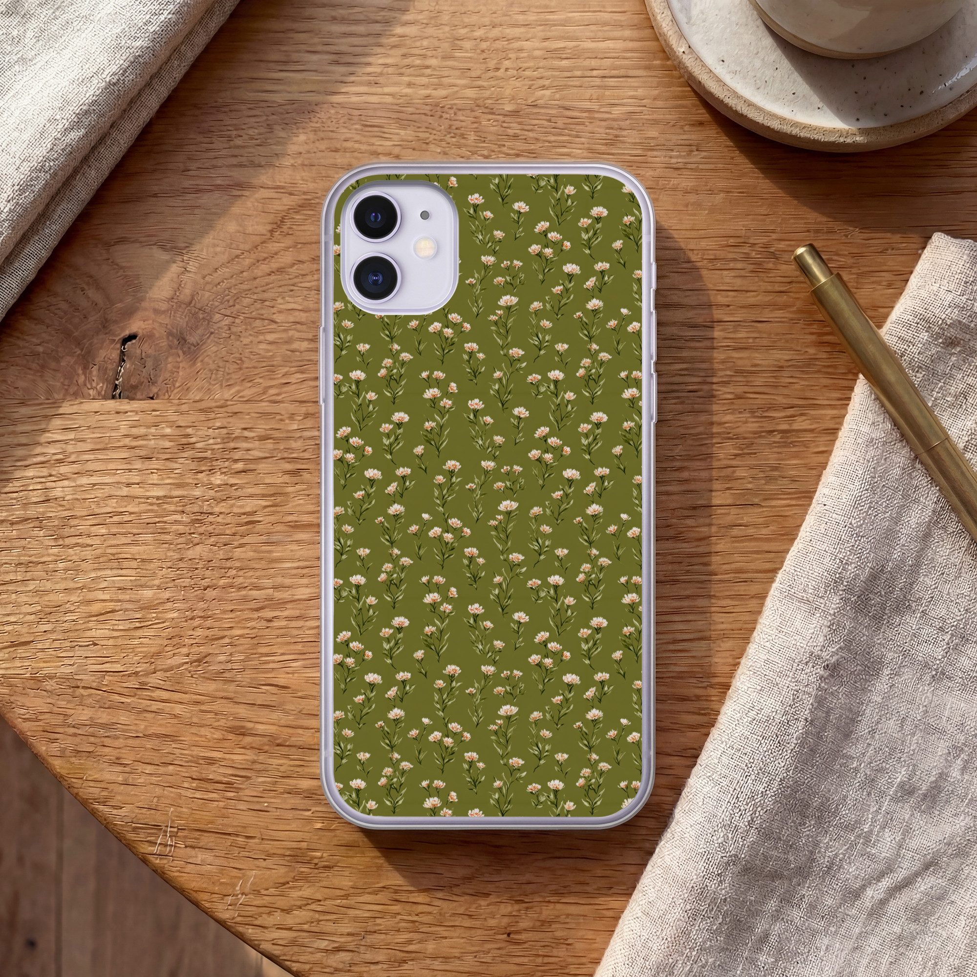 MuchoWow Handyhülle für Apple iPhone 11 Rustikal - Blumen - Grün, Smartphone-Bumper, Print, Handy Schutzhülle Dünn