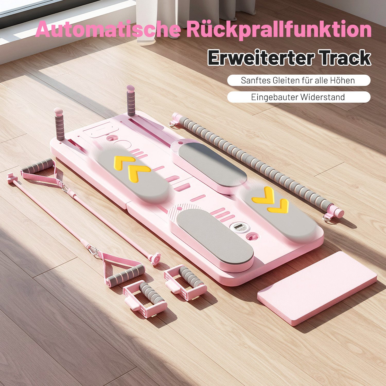 kehot Ganzkörpertrainer Faltbares Pilatesboard Multifunktionales Trainingsboard mit Zugstange, (Mehrere Trainingsfunktionen für Ganzkörperübungen zu Hause, 106×41 cm, 12-tlg., Inklusive Zugstange, Widerstandsbänder und Liegestützgriffe), Platzsparendes Klappdesign aus PP mit rutschfesten Polsterflächen