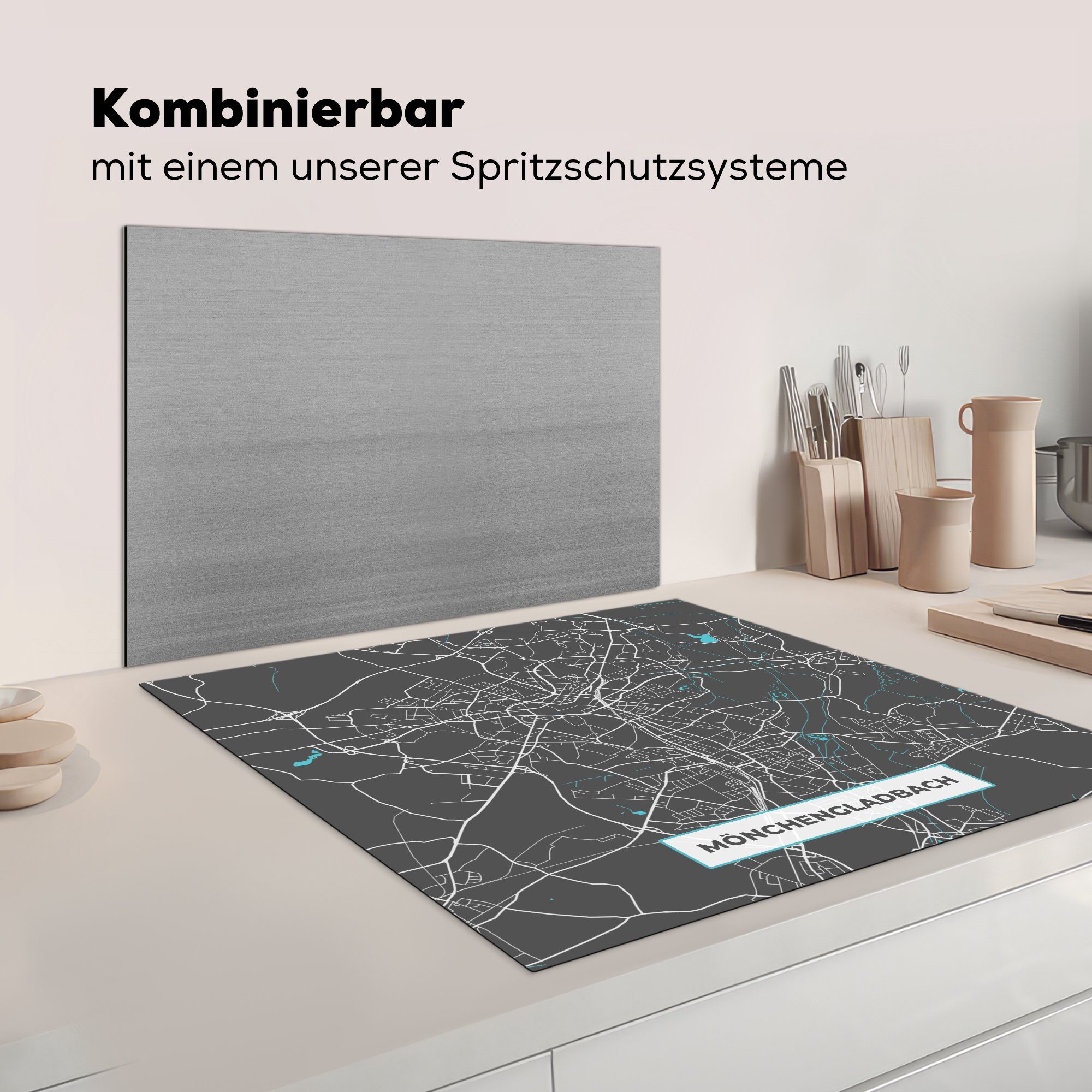 - (1 Karte küche 78x78 - Arbeitsplatte MuchoWow Blau Mönchengladbach für - Herdblende-/Abdeckplatte Vinyl, Stadtplan Deutschland, Ceranfeldabdeckung, - tlg), cm,