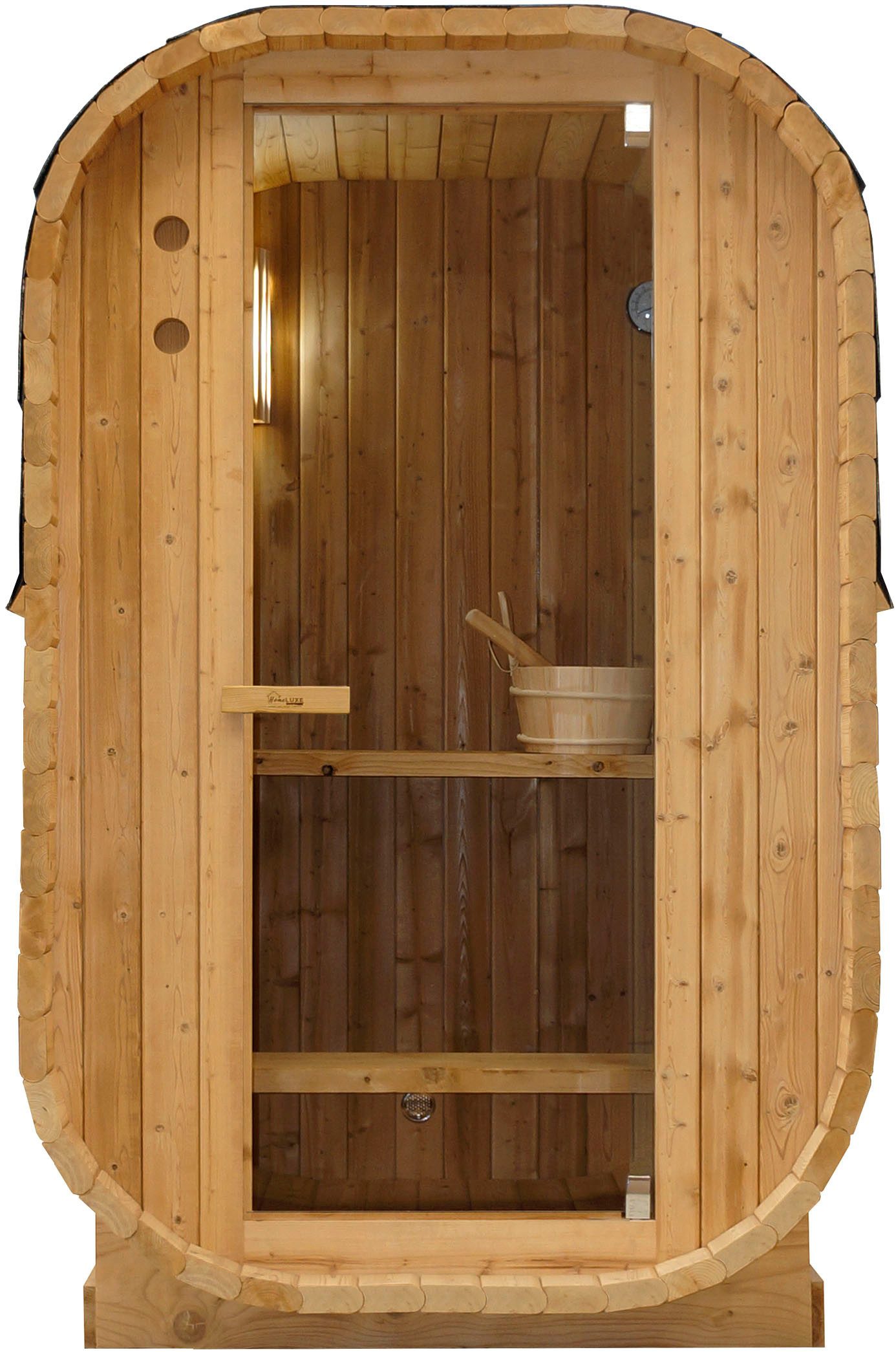 Sanotechnik Fasssauna Außensauna LINDHOLM, BxTxH: 128,2 x 120 x 194 cm, 3,8 mm, inkl. Saunaofen und -steine