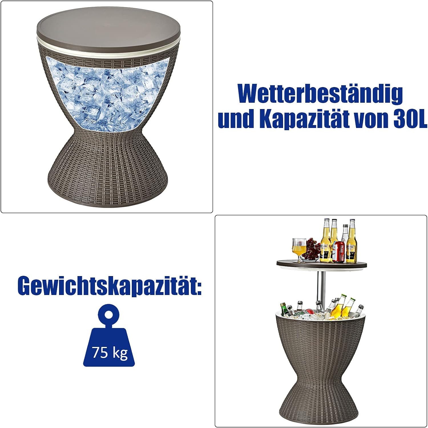 COSTWAY Gartentisch, Cool Bar höhenverstellbar, abnehmbar Deckel, bis 75kg