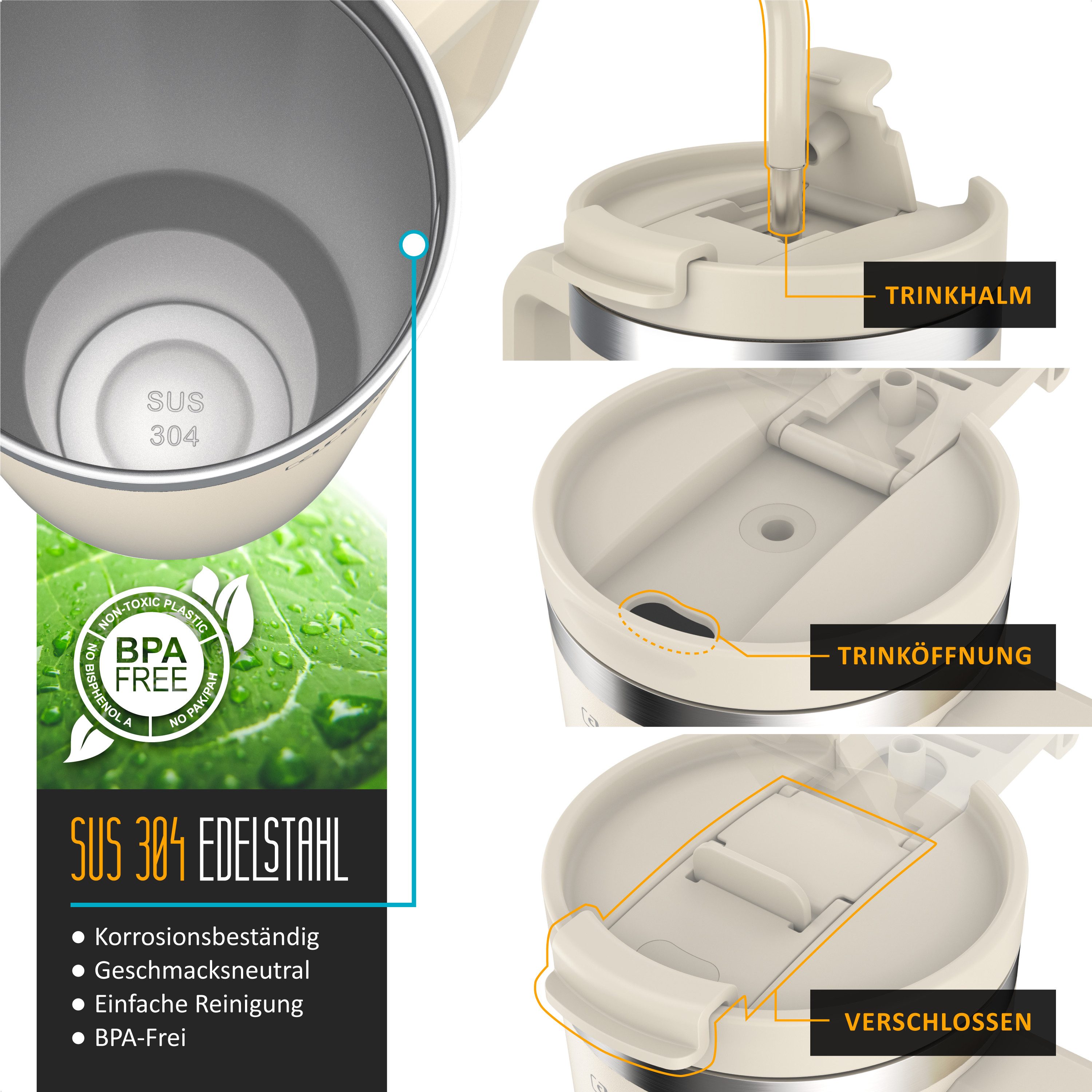 Arendo Thermobecher Tumbler 1200 ml, Becher mit Deckel, Henkel und Strohhalm, Thermal Mug, 1-tlg., Edelstahl, kohlensäuregeeignet, auslaufsicher, doppelwandig,  – Bild 3 von 5