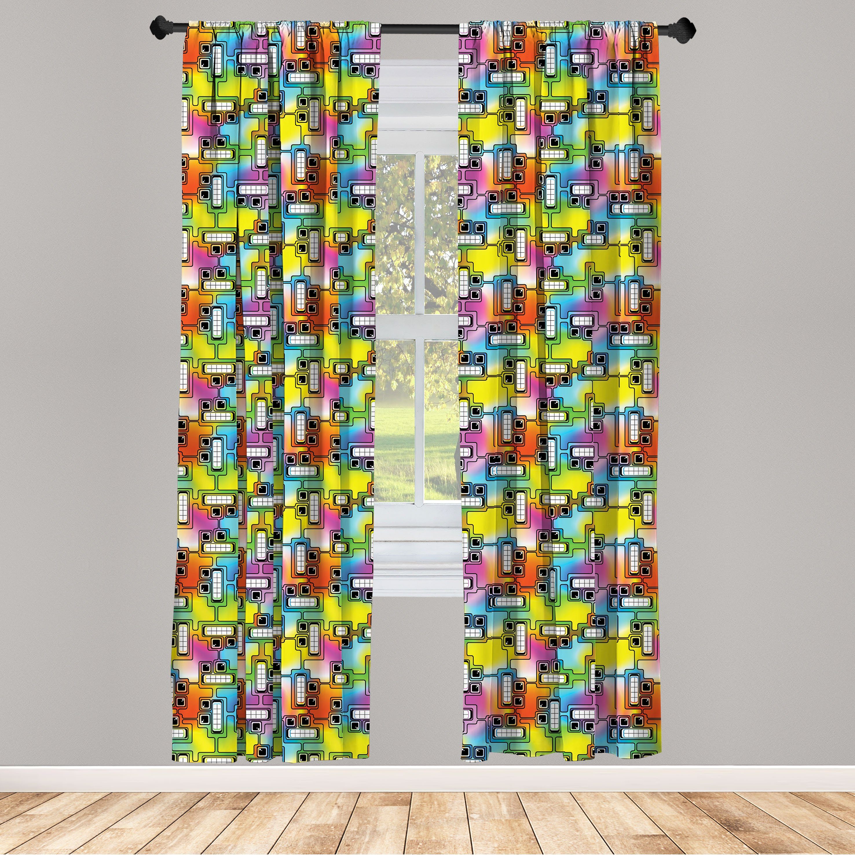 Gardine Vorhang für Wohnzimmer Schlafzimmer Dekor, Abakuhaus, Microfaser, Bunt Fun Zeichen Muster | Fertiggardinen