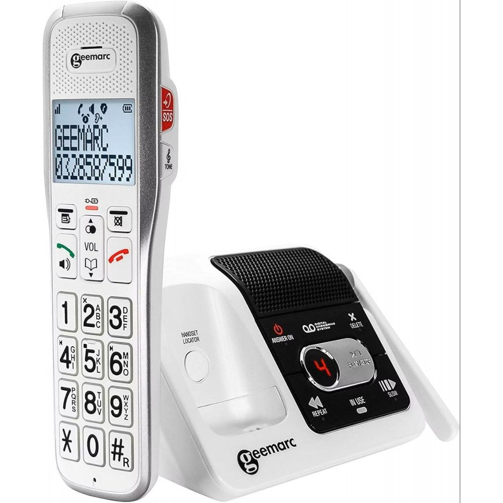 Geemarc AMPLIDECT 595 SOS-PRO Schnurlostelefon mit Notruf-DECT Anhänger weiß Schnurloses DECT-Telefon