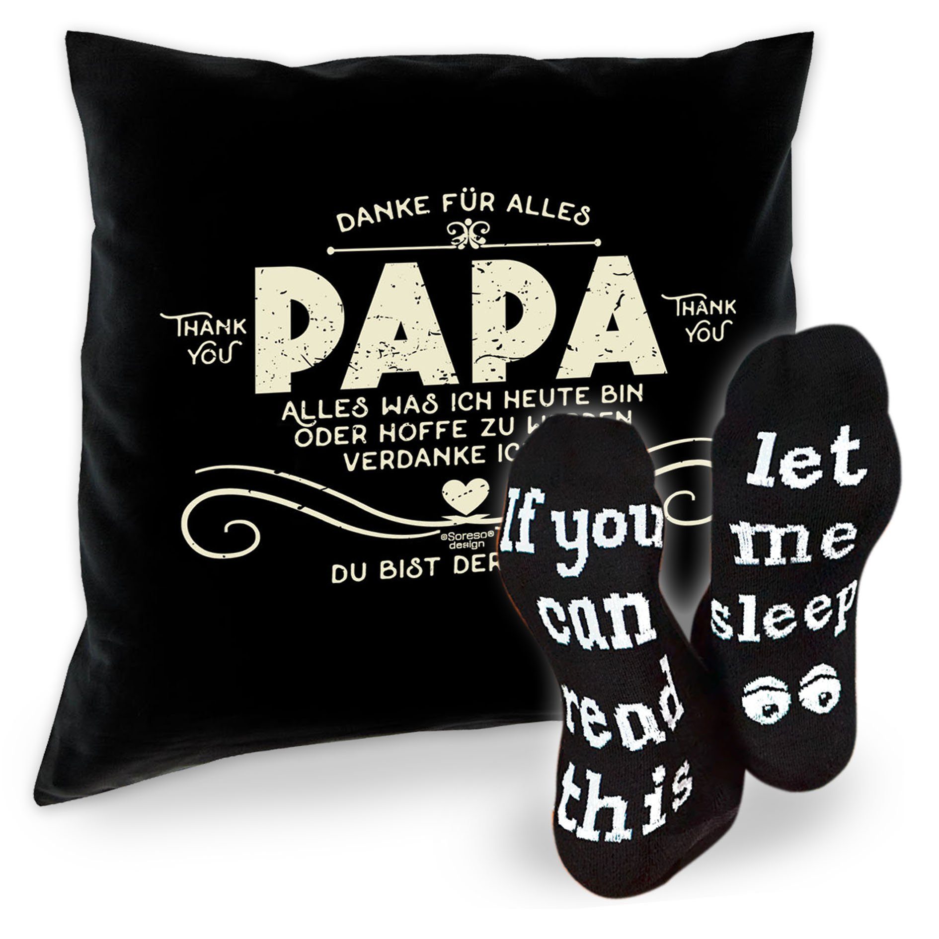 Soreso® Dekokissen Kissen Danke Papa & Sprüche Socken Sleep, Geschenke für Väter Geschenkidee schwarz