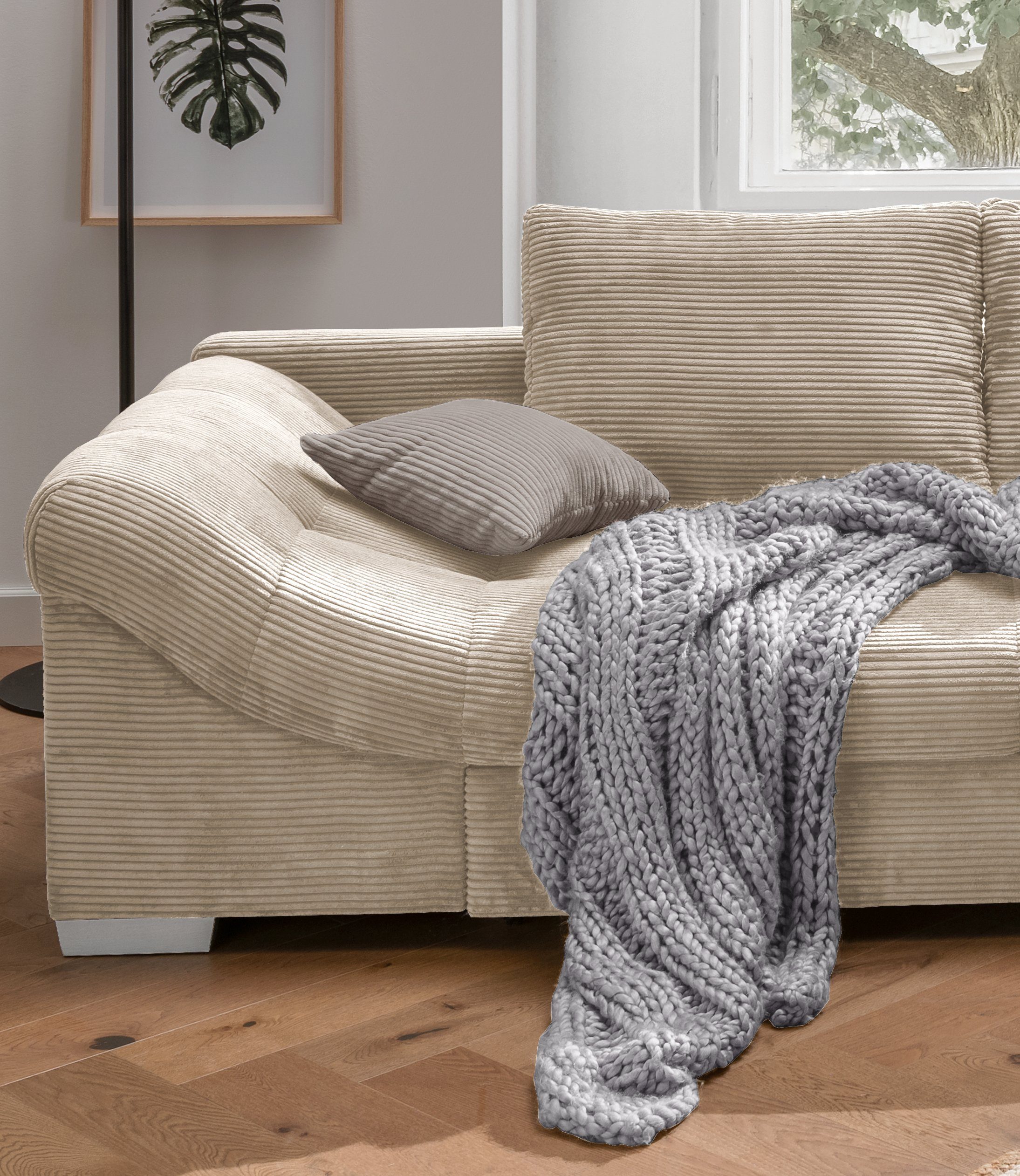 luma-home Ecksofa 17203-OTTO, mit Bettfunktion B298/T202/H84 cm, Liegefläche 154x227 cm, Wellenunterfederung, Ottomane rechts, Bezug Cord Beige