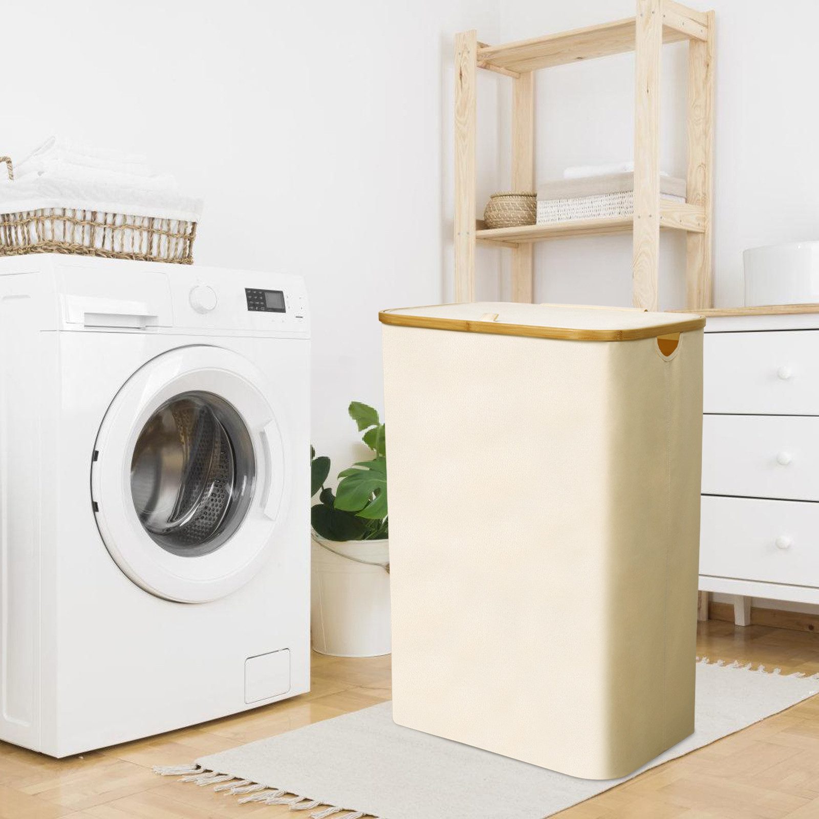 CALIYO Wäschekorb mit Deckel, 100 L, herausnehmbarer Wäschesack, Griffe aus Bambus, Faltbar