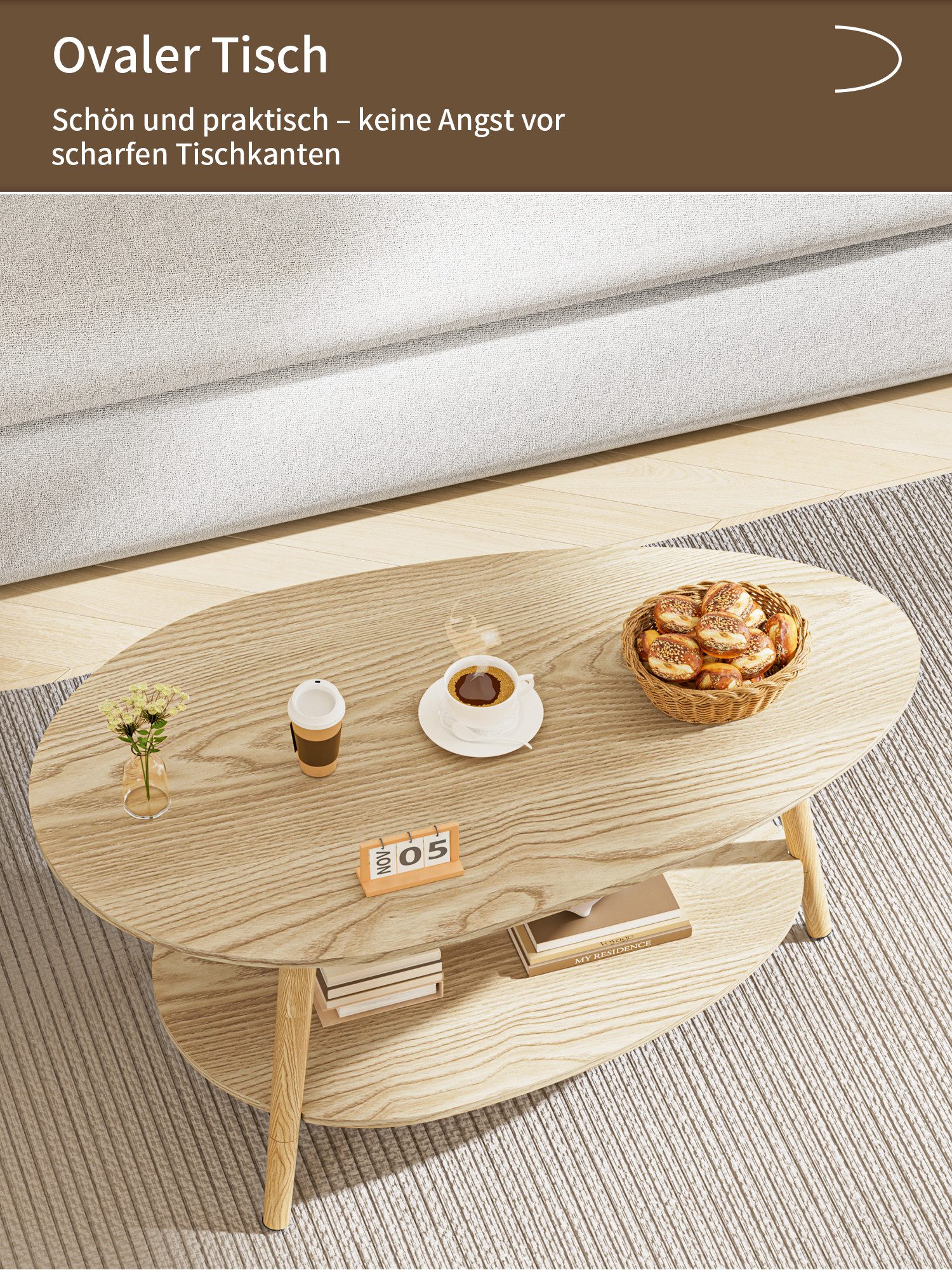 FiveWillowise Couchtisch Massivholz Teetisch mit Ovalem Doppelschicht-Design, 90x50cm (1-St), ovaler Tisch, Wohnzimmertisch – Bild 5 von 5