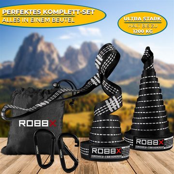 ROBBX Hängematte ROBBX® Hängematten Befestigungsset 300x2,5 cm + Schwerlast-Karabiner