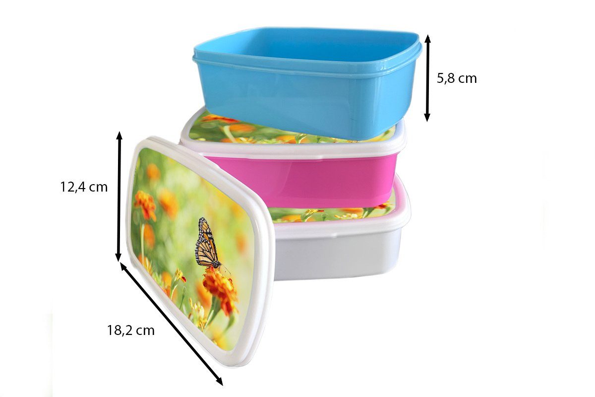 MuchoWow Lunchbox Monarchfalter auf Blüte, Mädchen, Brotbox Kinder, Erwachsene, Kunststoff rosa Snackbox, für Brotdose (2-tlg), Kunststoff