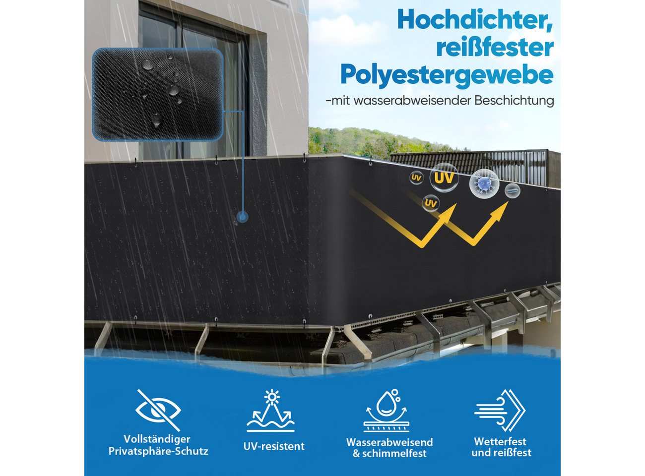 Thumbnail - Sekey Balkonsichtschutz Balkon Sichtschutz PES Balkon Deko mit Metalösen, Kabelbinder und Seil 100% Blickdicht, Windschu...