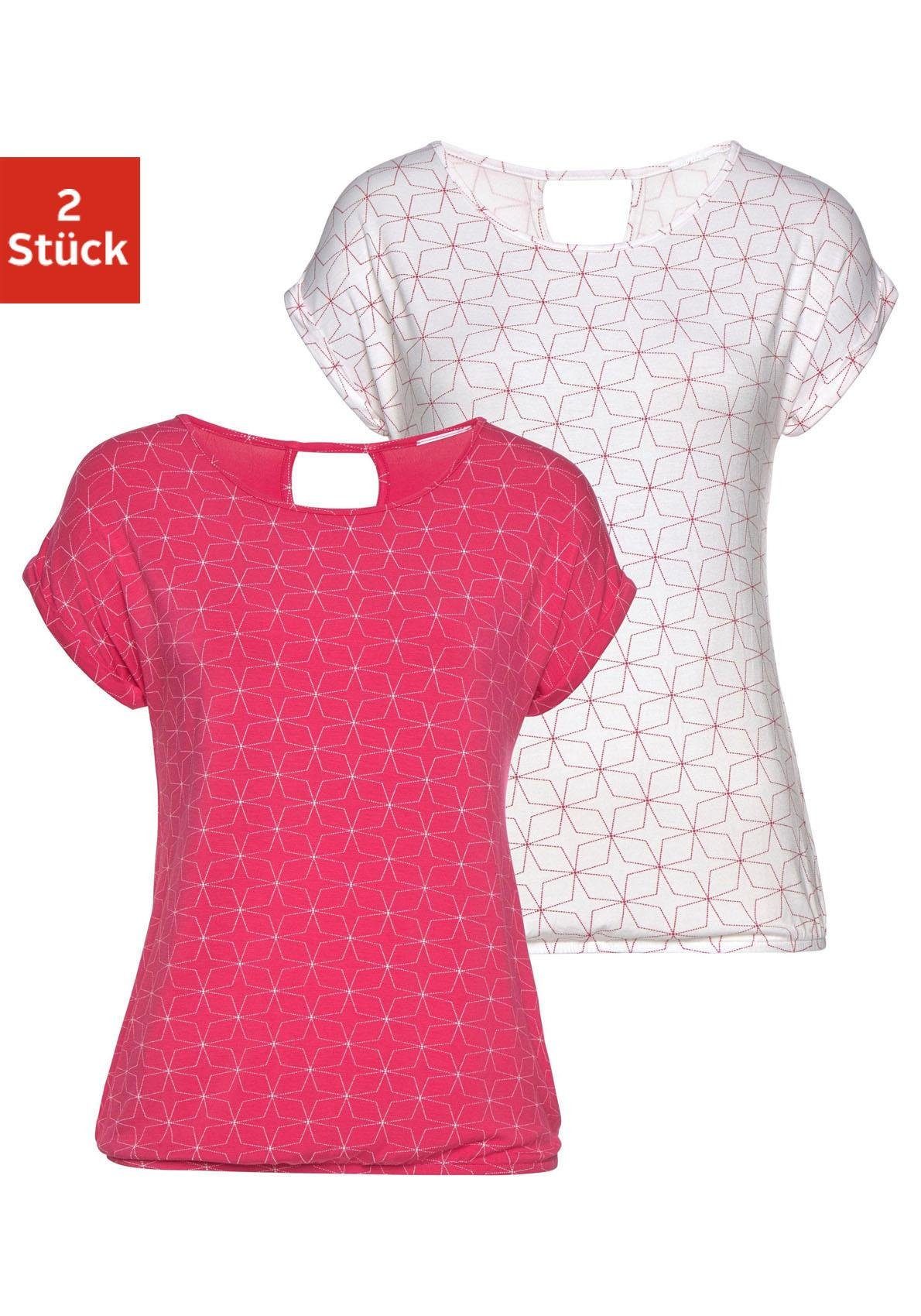 LASCANA T-Shirt (2er-Pack) mit kleinem Cut-Out im Nacken pink, weiß