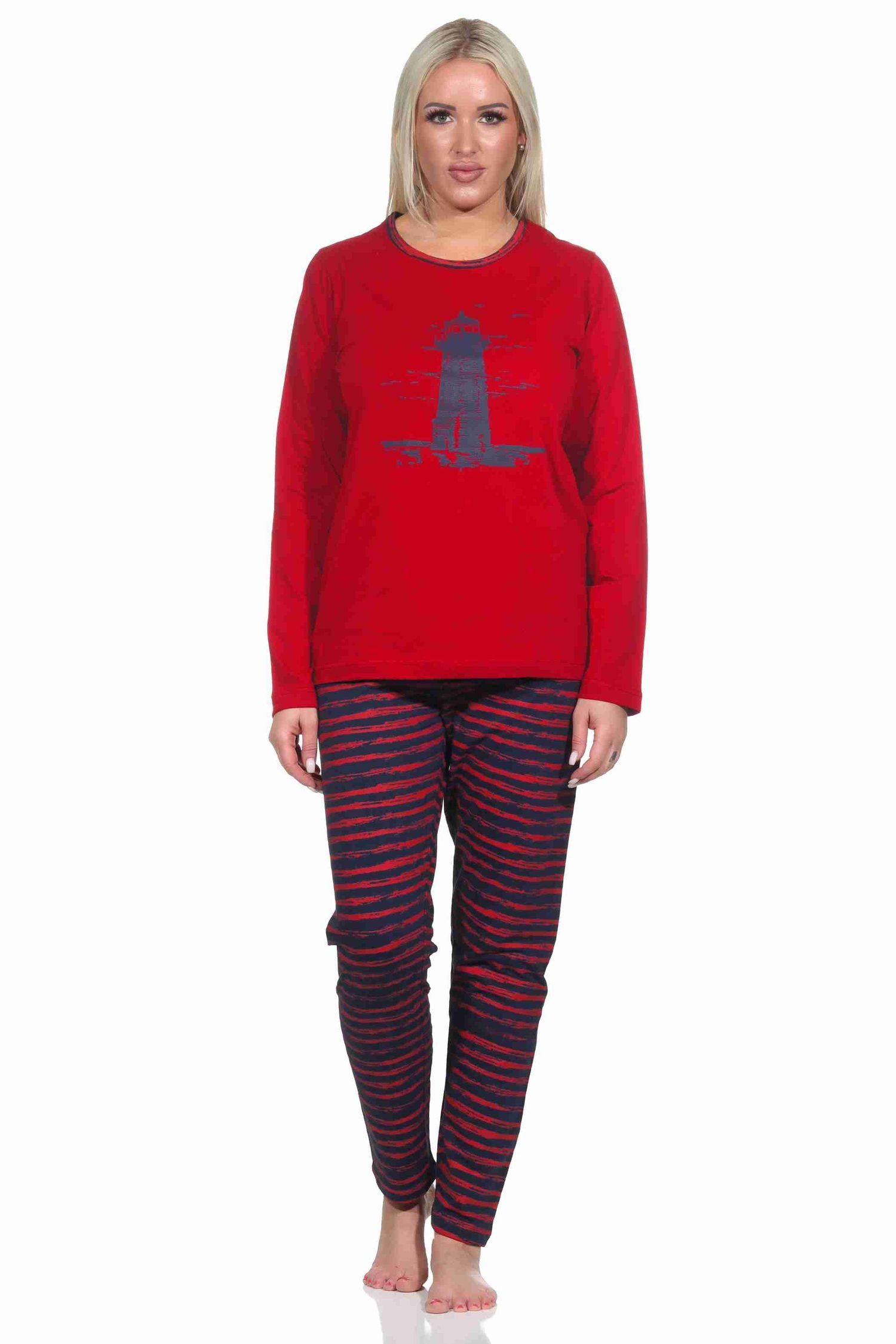 Normann Pyjama Maritim gestreifter Damen langarm Schlafanzug mit Leuchtturm Motiv rot