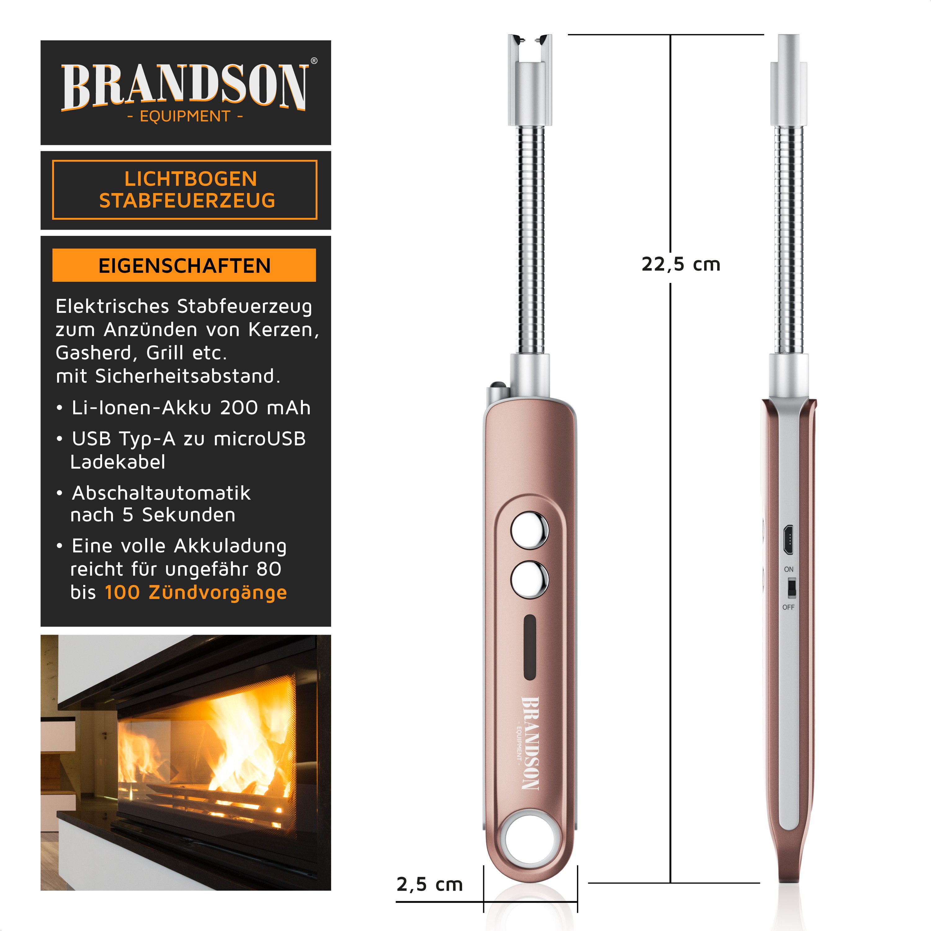 Brandson Feuerzeug elektrisch, Lichtbogen Stabfeuerzeug USB aufladbar (3-St), Kerzenanzünder für Küche, Kerzen, Gasherde, Grill, Kamin