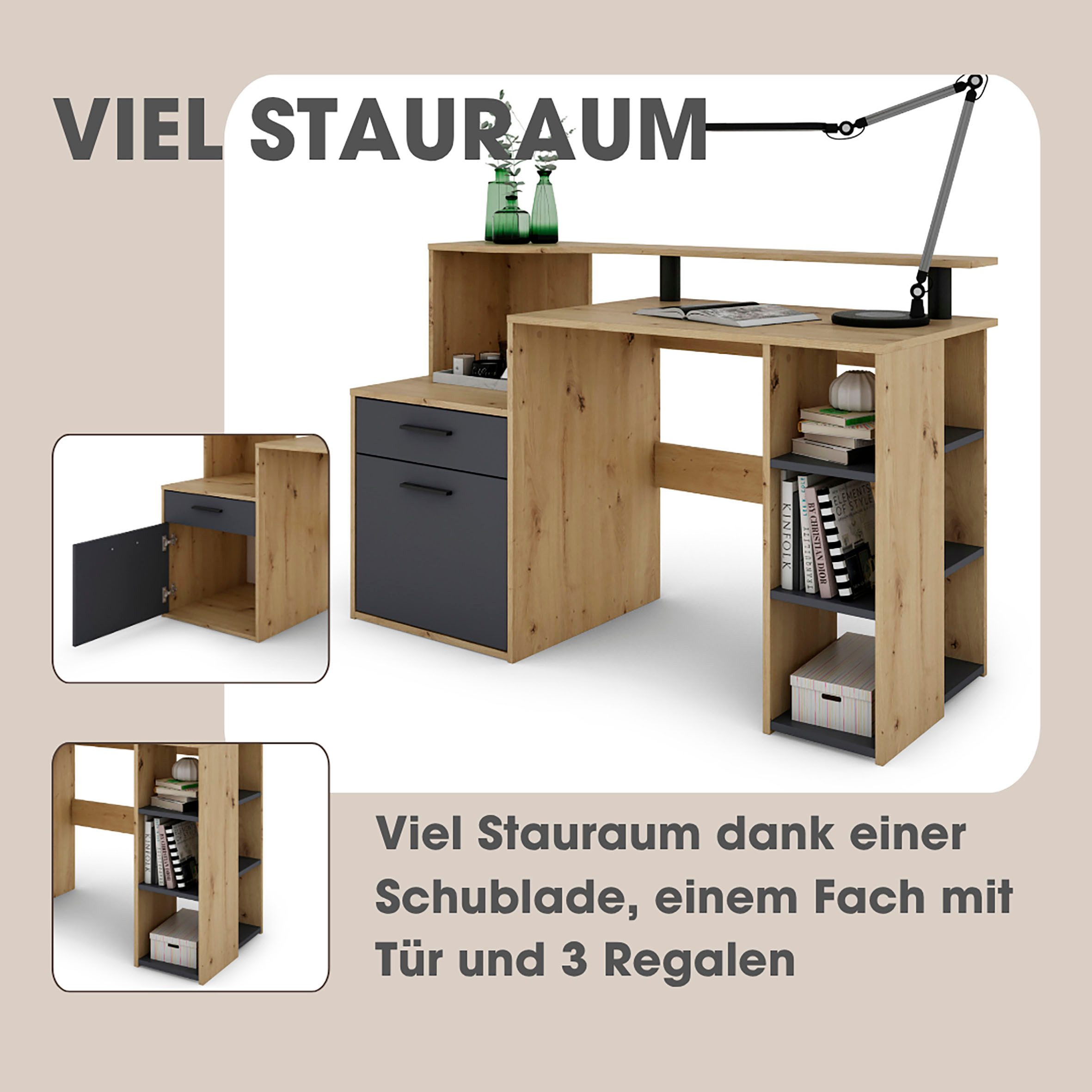 byLIVING Schreibtisch Louise, Breite 140 cm, Regal-Schreibtisch mit viel Stauraum