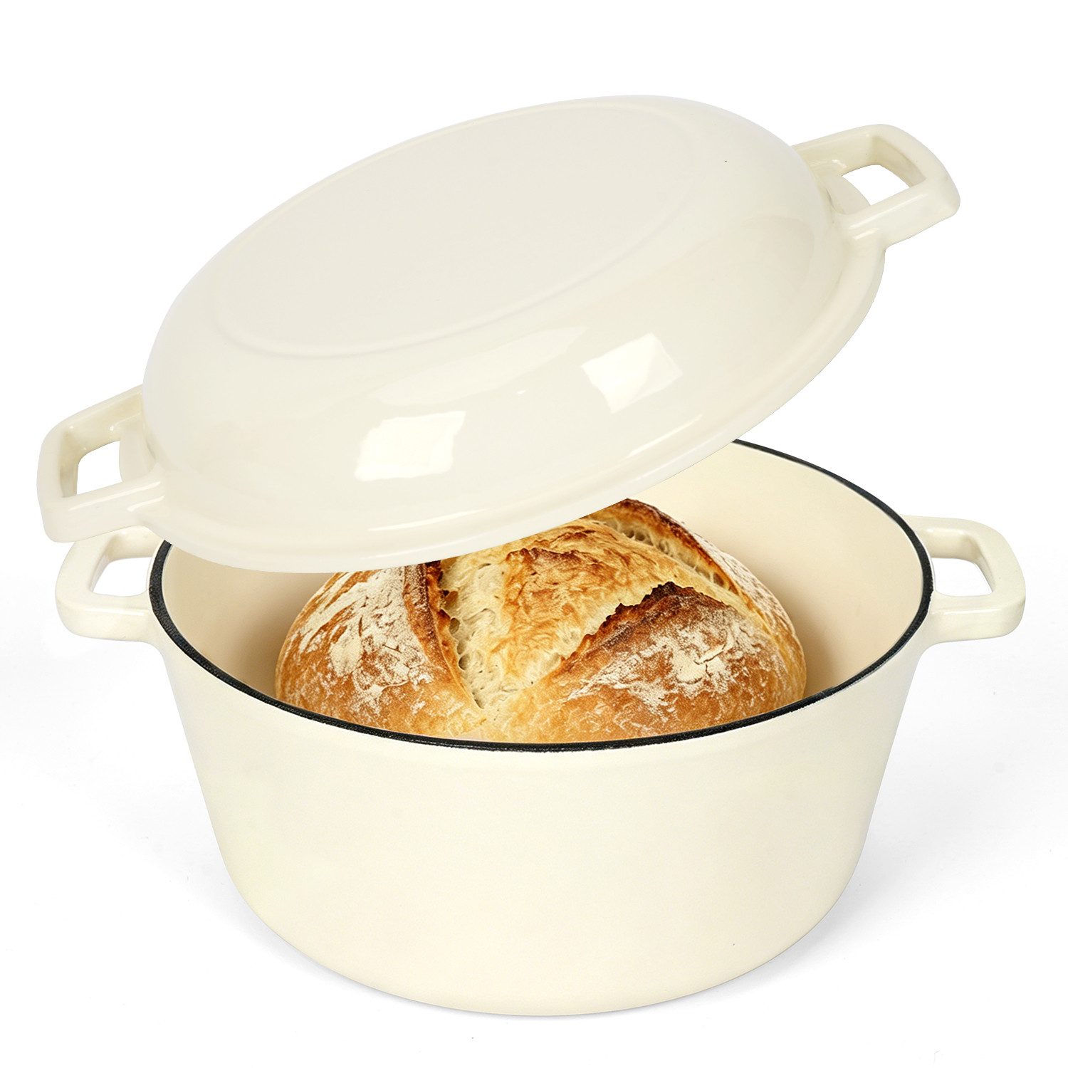 OSTWOLKE Schmortopf Emaillierter Gusseisen Topf 26cm Dutch Oven 2-in-1 Brotbacktopf, 2 in1 Bräter mit Deckel 4,8L & Gusspfanne 1,8L