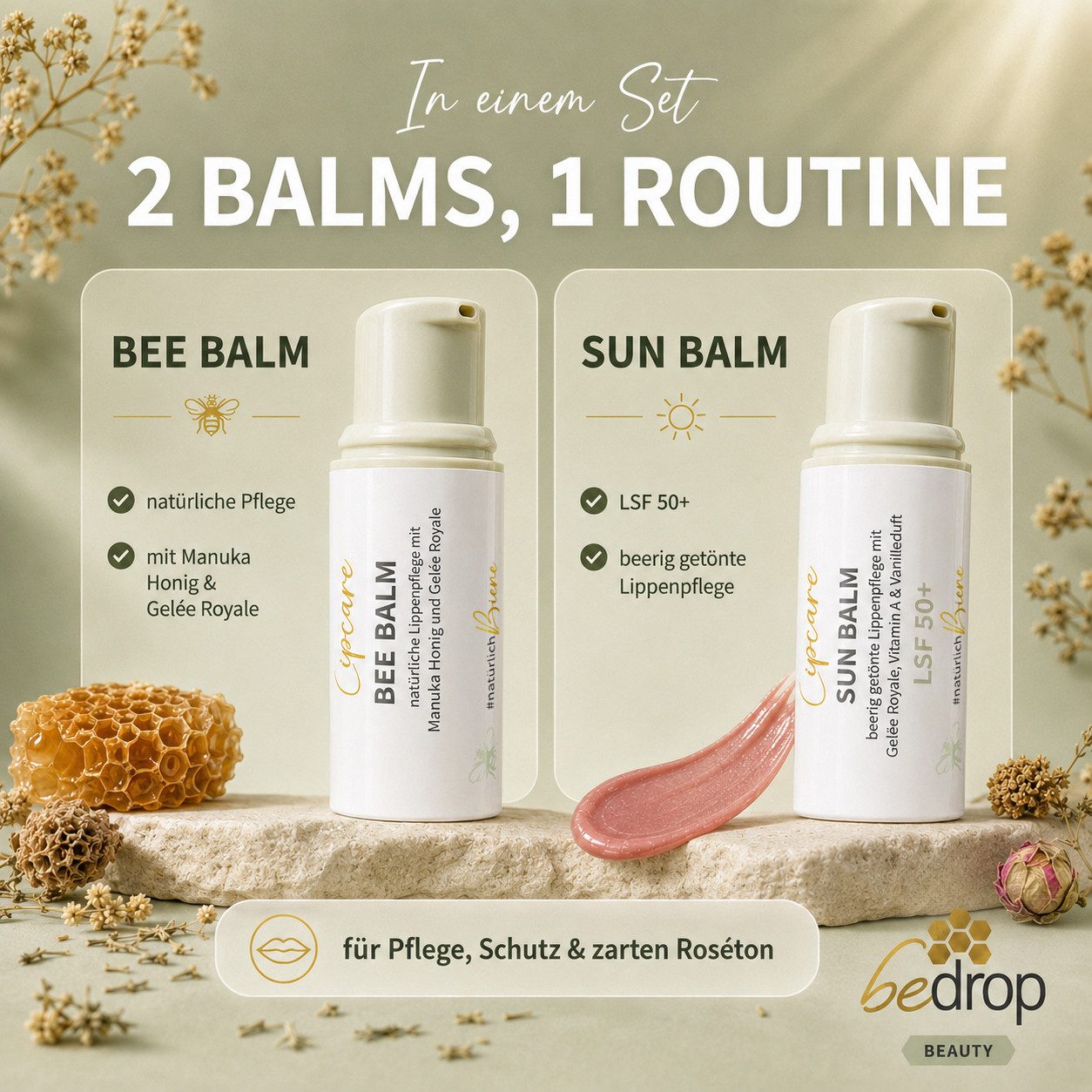 bedrop Lippenbalsam Lippenpflegeset: Doppelte Pflegepower: Bee Balm & Sun Balm LSF 50+, Power-Duo: Lippenpflege aus dem Bienenstock für jeden Anlass