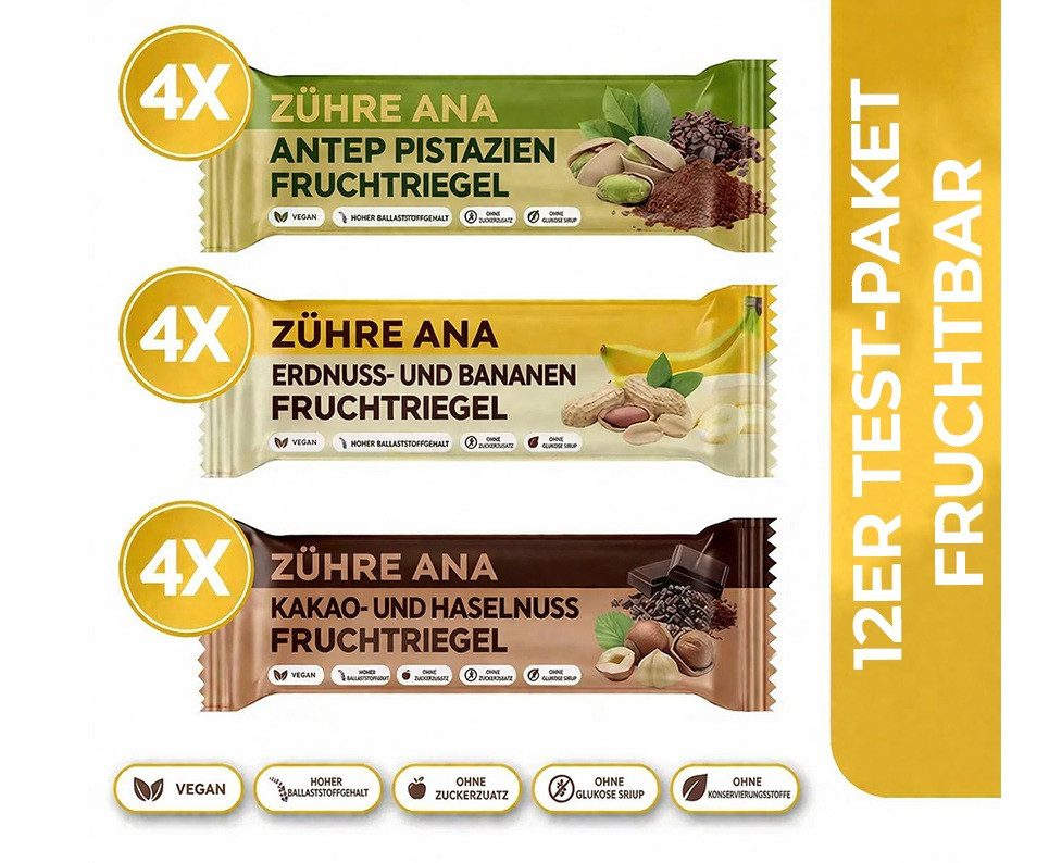 Zühre Ana® Riegel Fruchtriegel Mix Box 12x – Vegan, Glutenfrei, Ohne Zuckerzusatz, 420 g, Fruchtriegel, Leckerer Snack, 35gr x 12 Stück