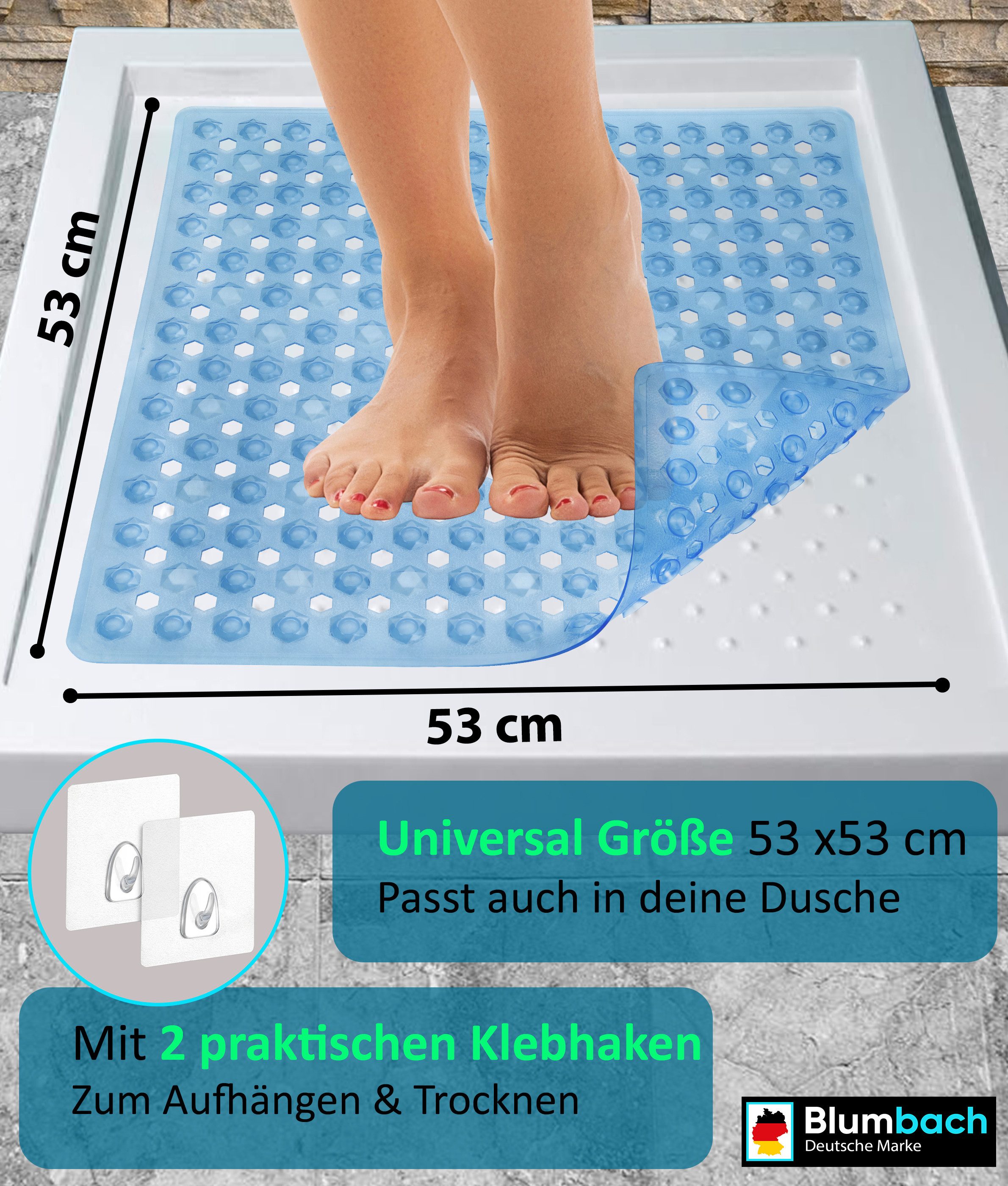 Blumbach Duschmatte - griffige Antirutschmatte Diamant 53 x 53 cm, - 100% BPA-frei, inkl. 2 Haken zum Aufhängen, Duscheinlage, schimmelressisten & maschinenwaschbar