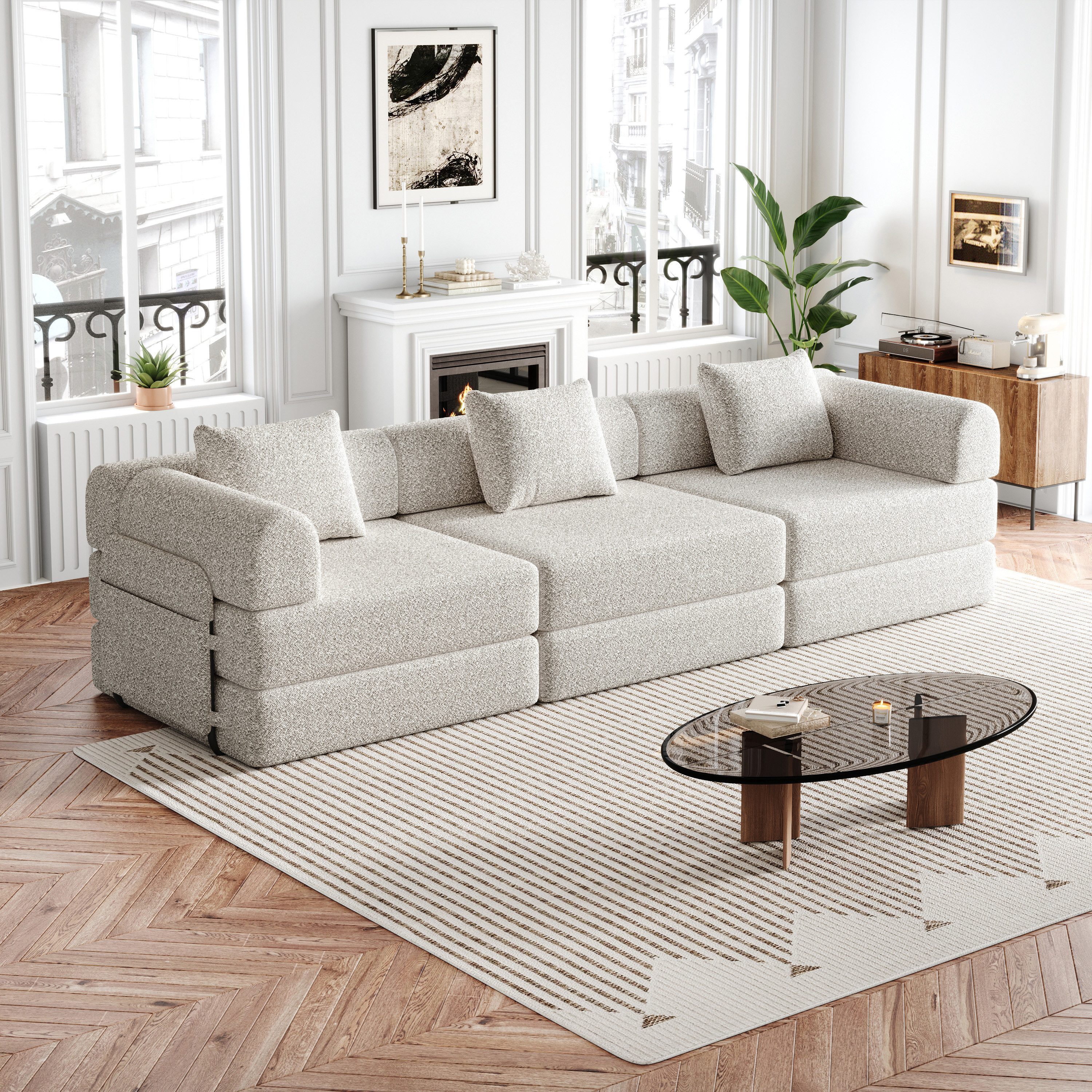 HAUSS SPOLE Schlafsofa mit Staufach,Sitzgruppe Modulares Sofa mit Kissen&Stahlrahmen,Chenille, mit integriertem Stauraum – mit stabilen Metallrahmen & flexiblem Design für individuelle Raumgestaltung 3 Teile, mit Relaxfunktion