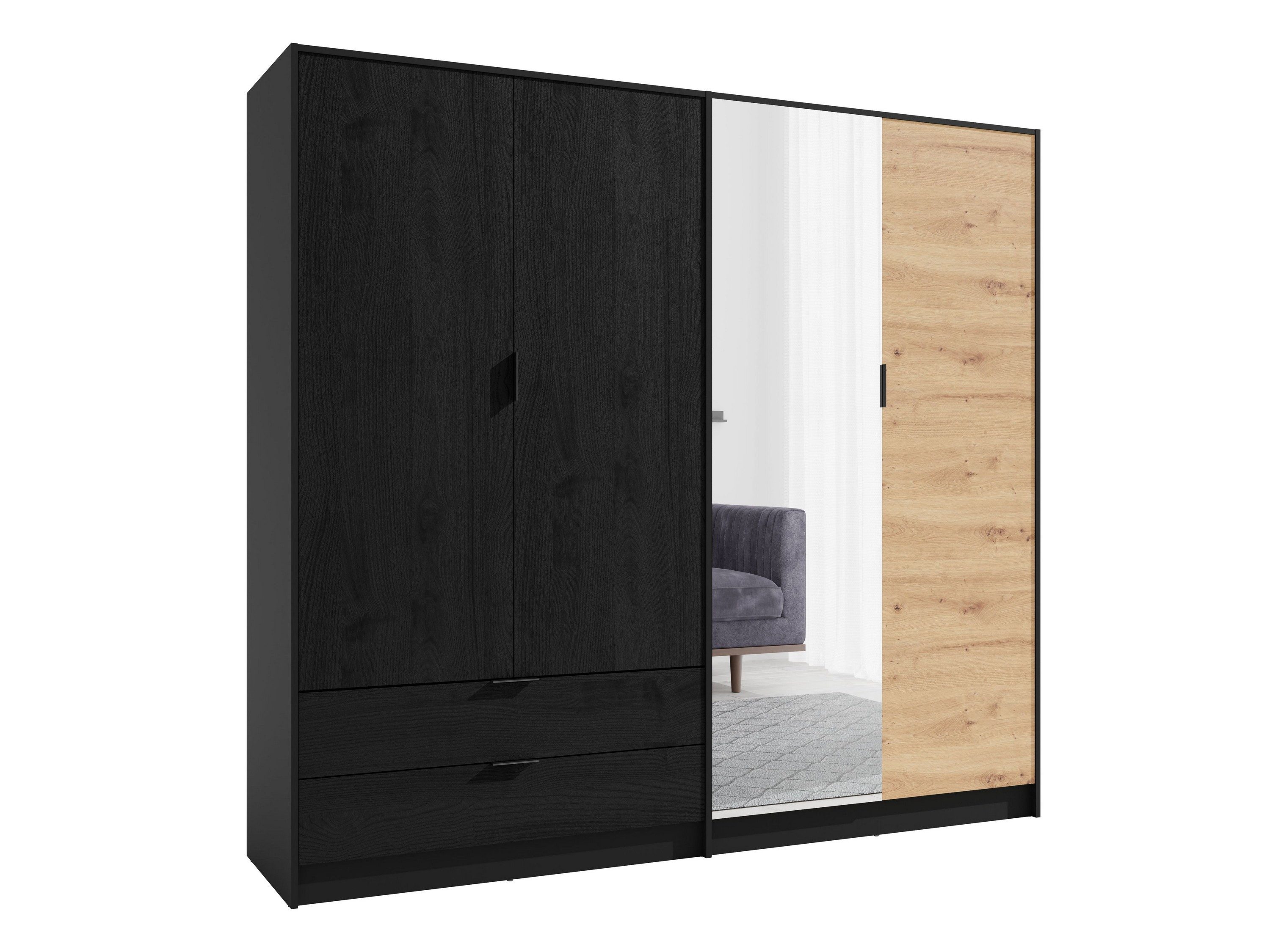 Masseno Drehtürenschrank ZETRAL 220,2 cm Kleiderschrank mit Spiegel 4 Türen Eiche Artisan