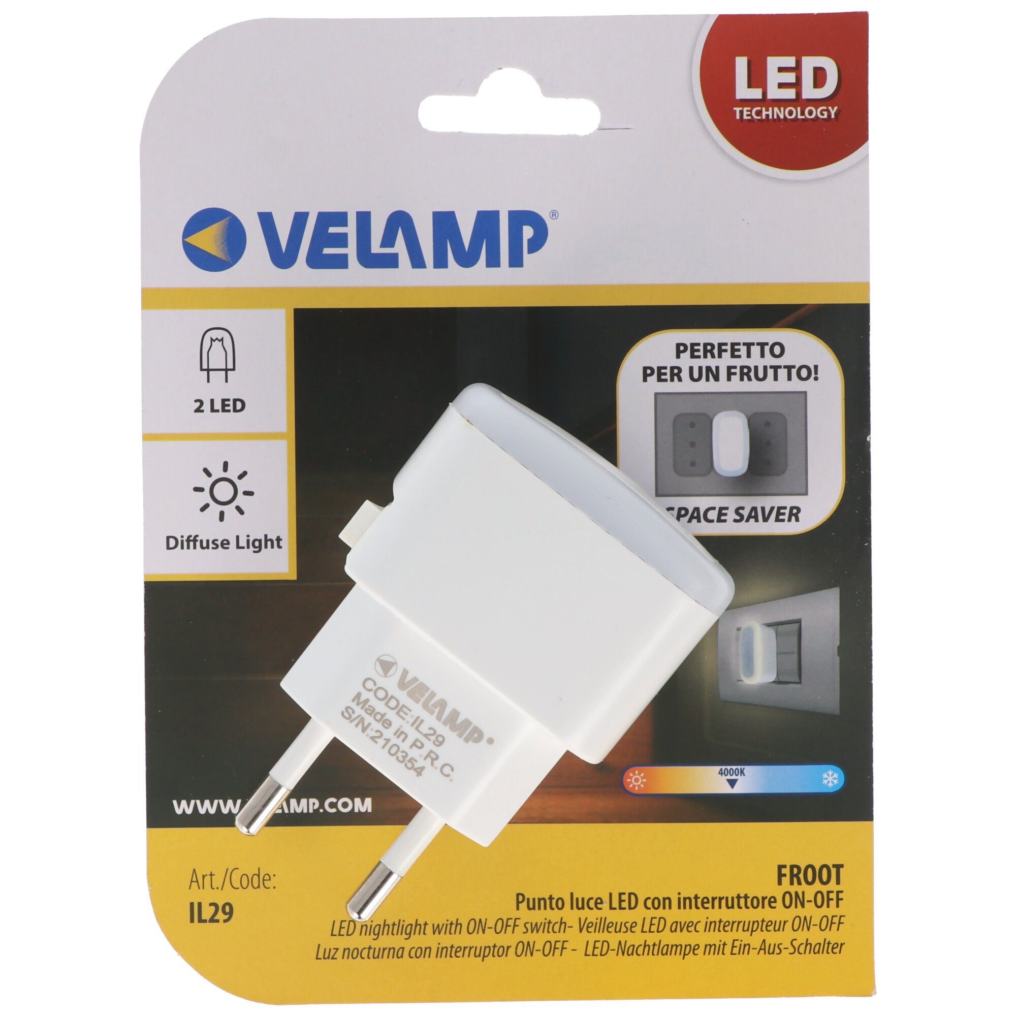 extra Velamp kompakt, ver FROOT, Nachtlicht LED-Nachtlicht LED EIN/AUS-Schalter, mit Velamp