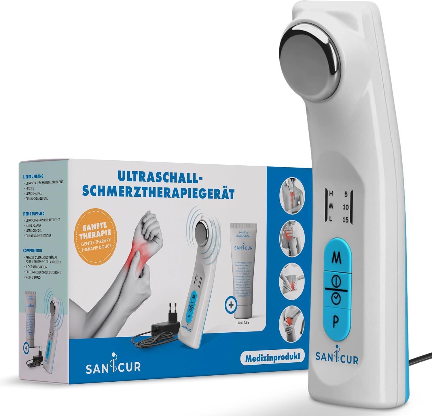 Sanicur Massagegerät Ultraschall-Schmerztherapiegerät mit 3 Intensitätsstufen, Effektiv bei Muskelschmerzen, Arthrose, Zerrungen & Verspannungen