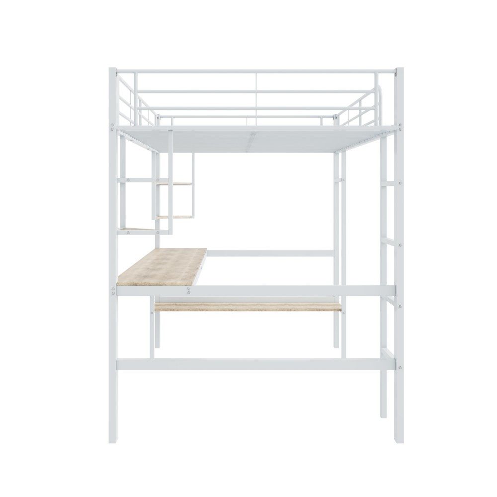 Ulife Loft Bed 140x200 with Desk & Shelves (White, Metal) White