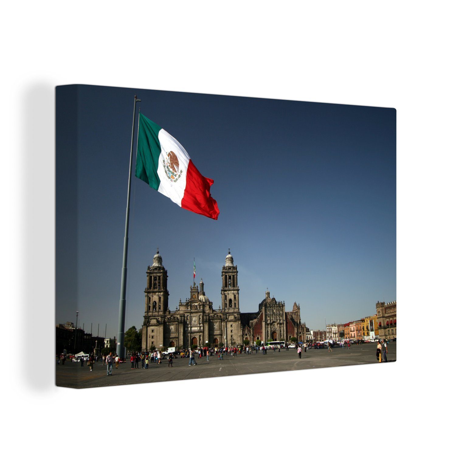 OneMillionCanvasses® Leinwandbild Kathedrale von Mexiko-Stadt und die mexikanische Flagge, (1 St), Wandbild Leinwandbilder, Aufhängefertig, Wanddeko, 30x20 cm