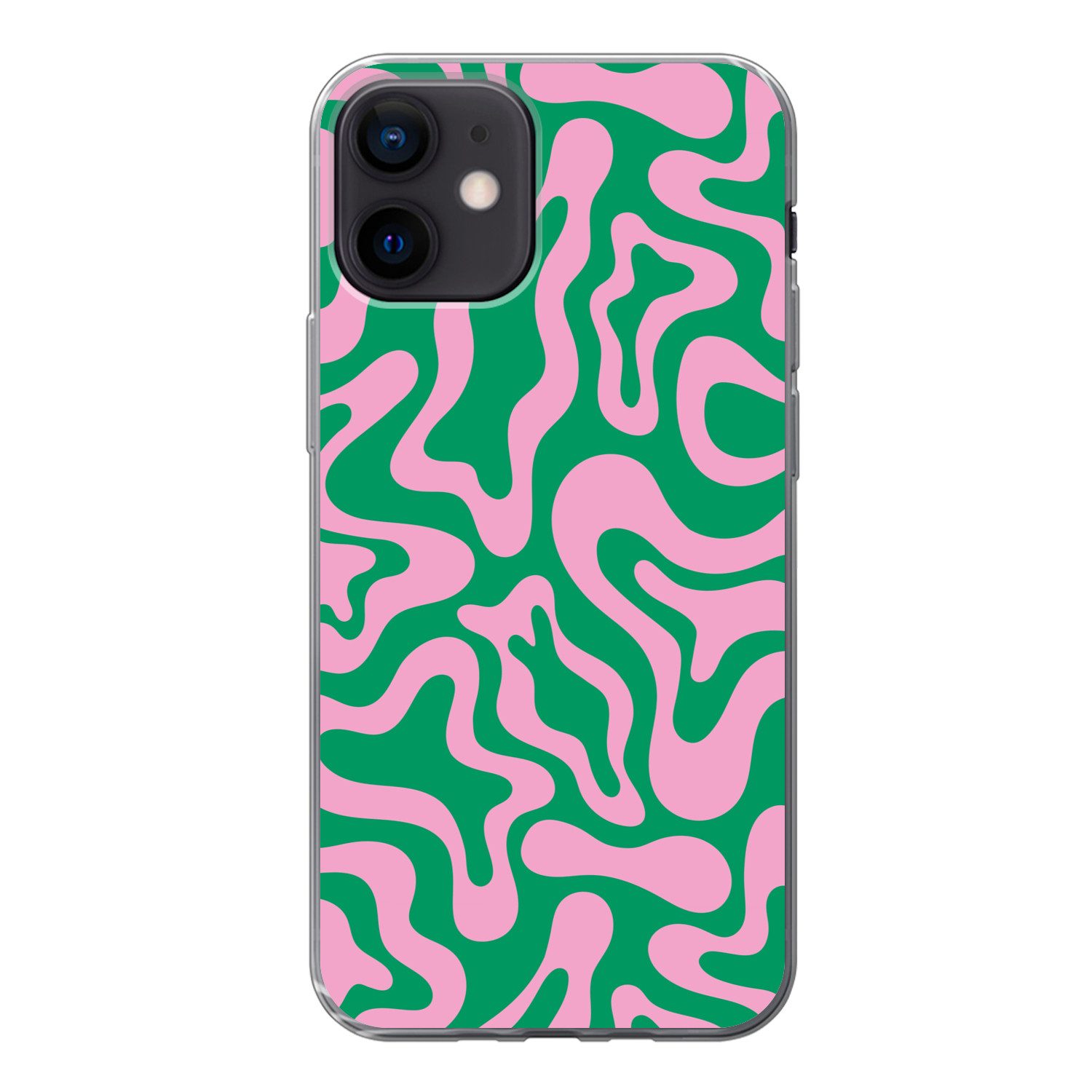 MuchoWow Handyhülle für Apple iPhone 12 Abstrakt - Muster - Grün - Rosa - Farbenfroh, Smartphone-Bumper, Print, Handy Schutzhülle Dünn