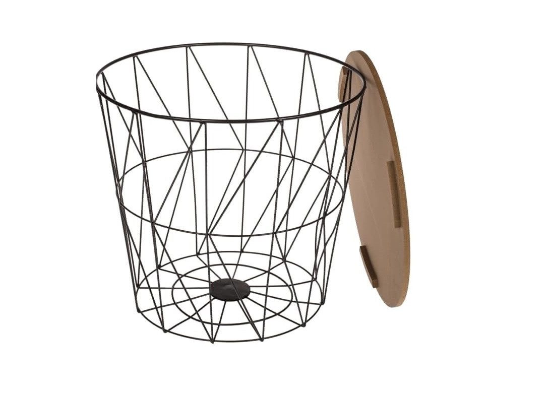 mucHome Beistelltisch 3er Set Beistelltisch rund Metallkorb mit Holzplatte Stapelbar (1 x 3er Set Beistelltisch rund mit abnehmbarer Holzplatte)