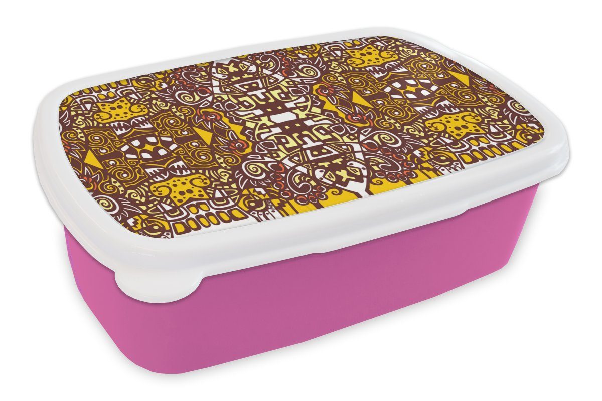 MuchoWow Lunchbox Muster - Azteken - Mexiko, Kunststoff, (2-tlg), Brotbox für Erwachsene, Brotdose Kinder, Snackbox, Mädchen, Kunststoff rosa