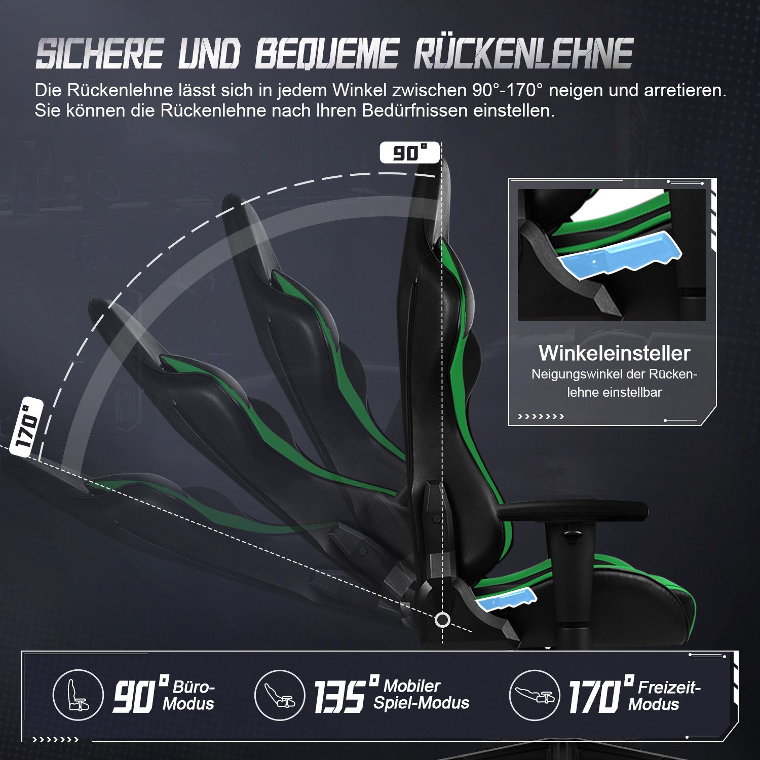 Adormii Gaming-Stuhl Gaming stuhl mit verstellbaren Armlehnen, ergonomisch gaming chair (90°–170° neigbar und arretierbar, gamingstuhl mit gepolsterter Kopfstütze und Lendenkissen, pc stuhl gaming mit verdicktem Sitzkissen, 10cm höhenverstellbarem Sitz, gamer stuhl bis 150 kg)