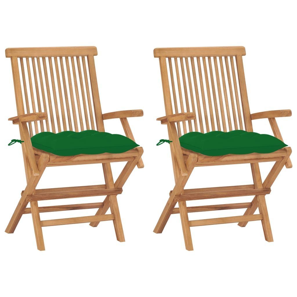 vidaXL Gartenstuhl Gartenstühle mit Grünen Kissen 2 Stk. Massivholz Teak (2 St) | Stühle