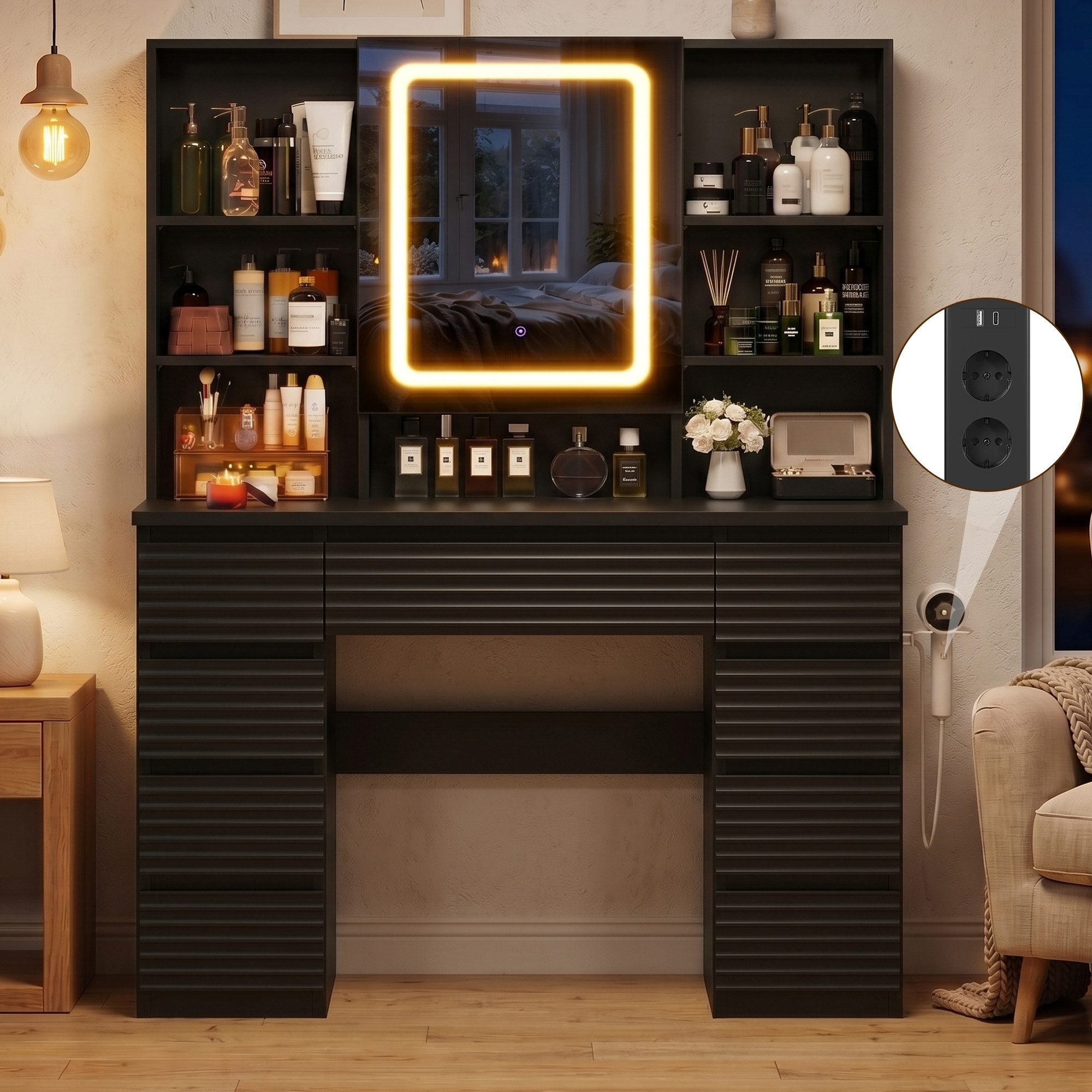 HOMALL Schminktisch LED-Schminkspiegel, schwarz-weißer Schminktisch und Hocker im Set (Kombination aus 9 Schubladen, 7 offenen Fächern und Stauraum hinter dem Spiegel, Maße: 108 x 40 x 146 cm, mit 2 Steckdosen, 1 USB-Anschluss und 1 Typ-C-Anschluss sowie einer Halterung für den Föhn, wahlweise in Weiß, Schwarz oder als Set mit Hocker erhältlich)