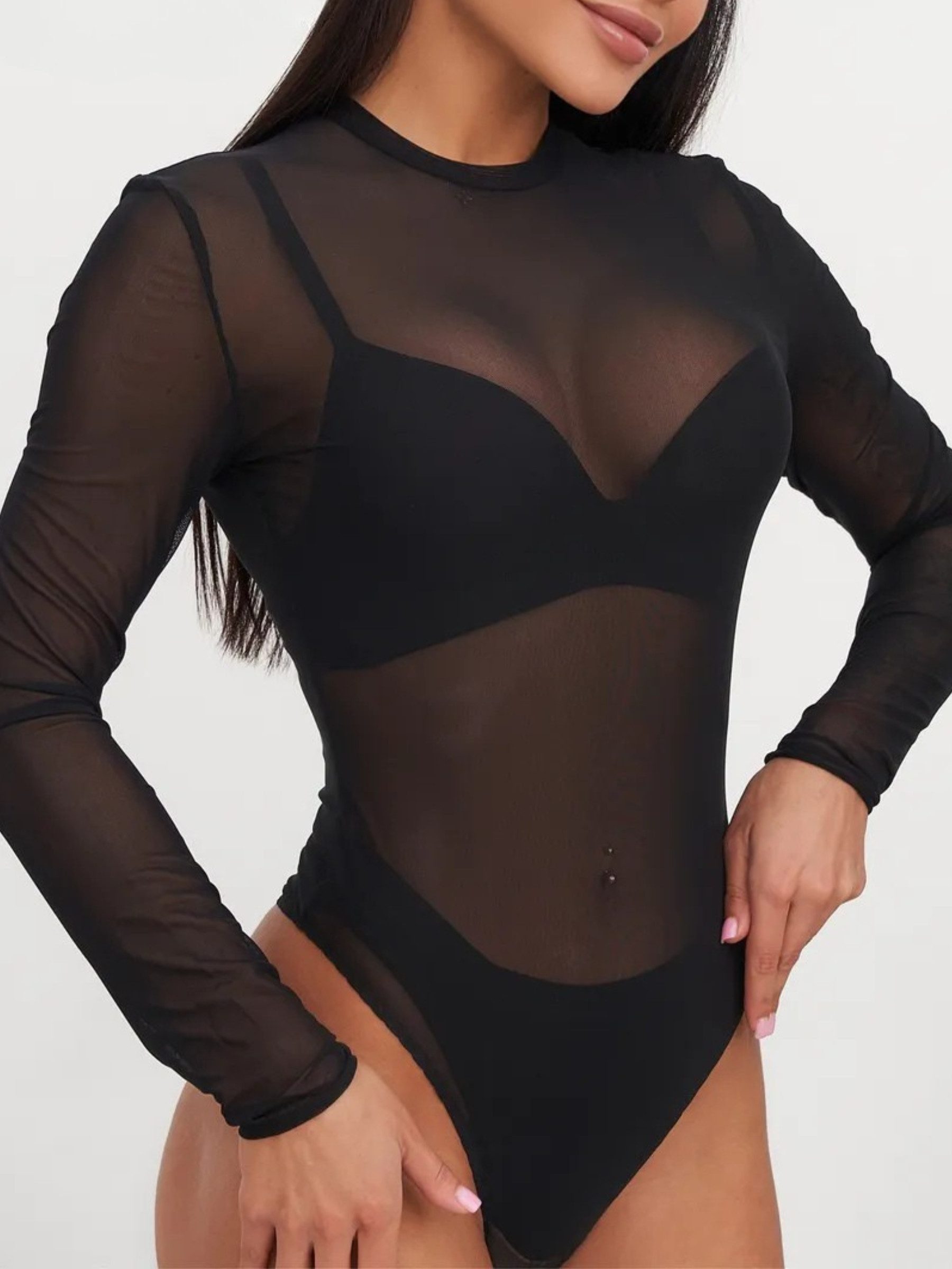 Elegant Love Body Langarmbody für Damen, transparent, Mesh-Body, Spitzen-Body Figurbetonter Bodysuit für Party & Clubwear
