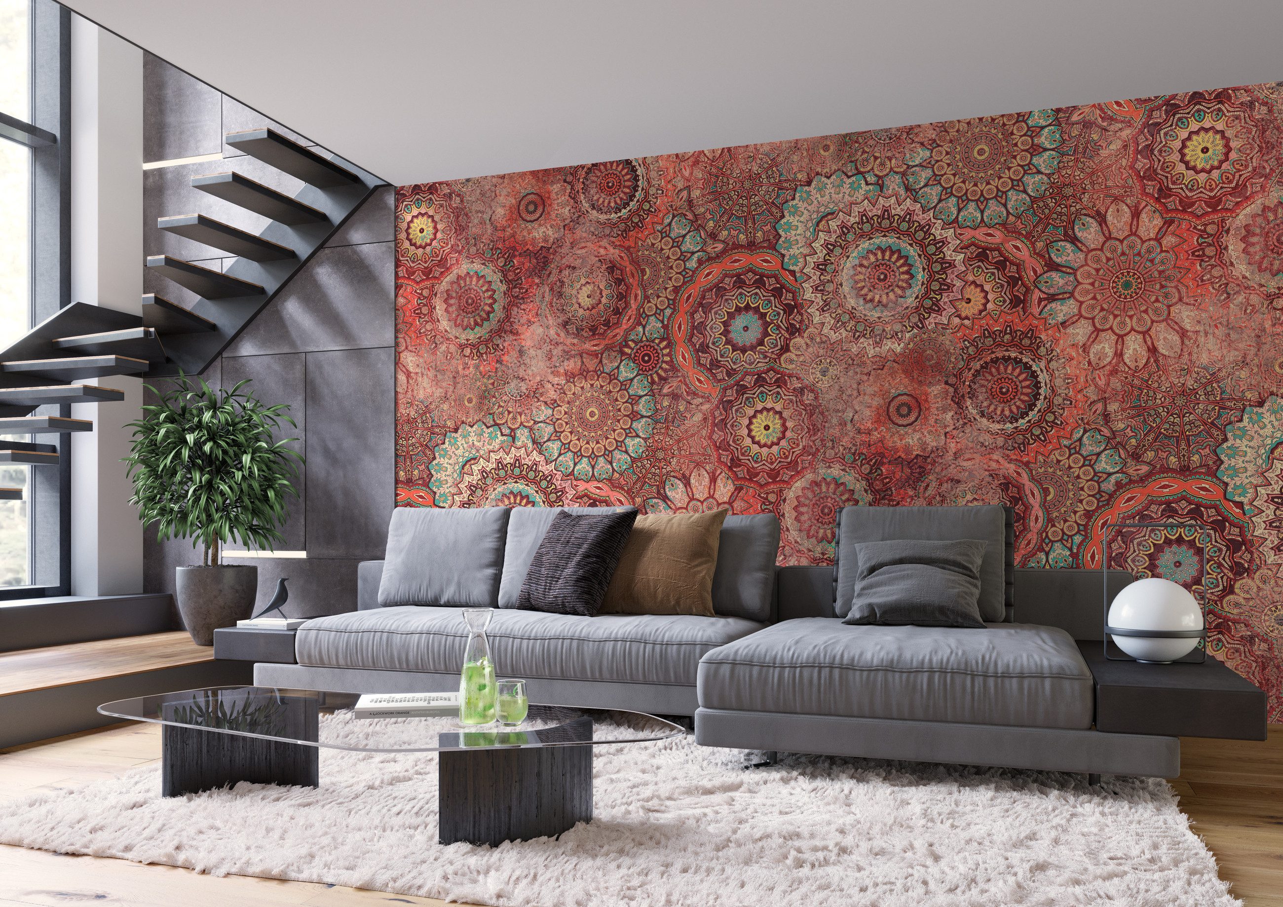 Rasch Fototapete Boho Ethno Hippie Vintage Kreise - Vliestapete Rot, bedruckt, Vintage-Optik, (1 Rolle, 1 St., Kollektion 'Magicwalls' - 2,65 m x 3,71 m), Lichtbeständige Farben - Feucht abwischbar - Restlost abziehbar