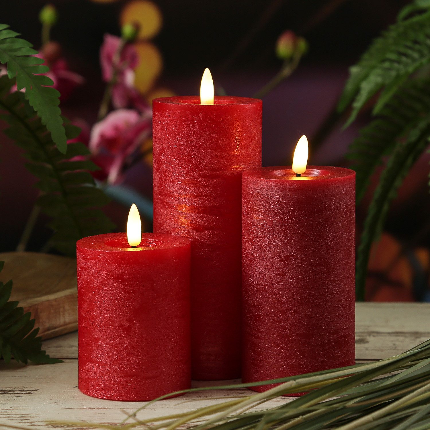 Adilina LED-Kerze Kerzenset LINA Rustik Optik für Adventskranz 3 Größen Timer rot 3St, LED Classic, warmweiß (2100K bis 3000K)