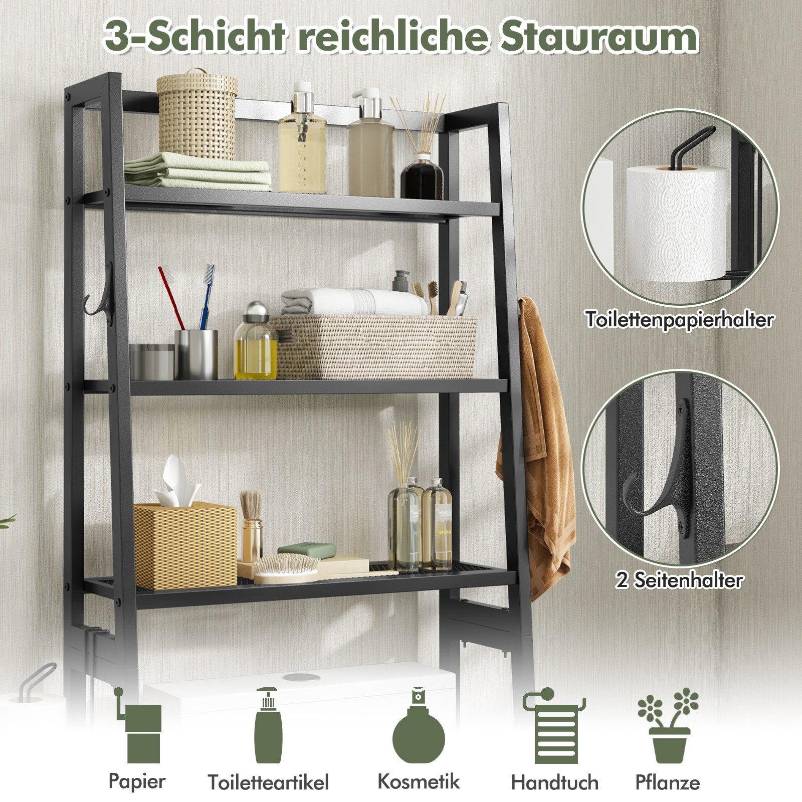 COSTWAY Badregal, stehend, 3 Ablage, Toilettenpapierhalter&2 günstig online kaufen