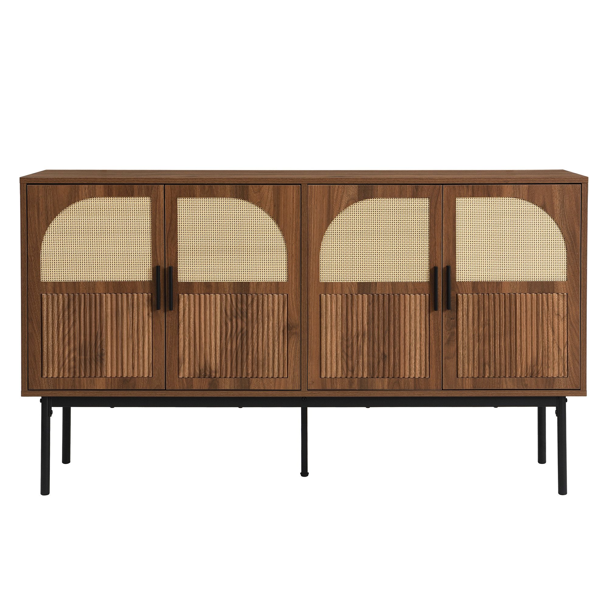 Merax Sideboard mit 4 Türen, Rattanfurnier und Walnussholz-Optik (1 St., Aufbewahrungsschrank Anrichte), Kommode mit Stauraum, gedämpften Scharnieren & Stahlbeinen,140×40×80cm